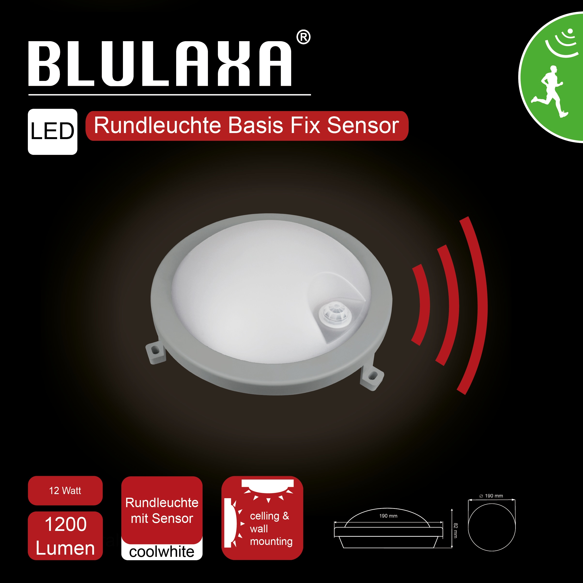 BLULAXA LED-Rund-Leuchte Basis Fix, IR-Sensor, 12W, 1200lm, 4000K, IP54