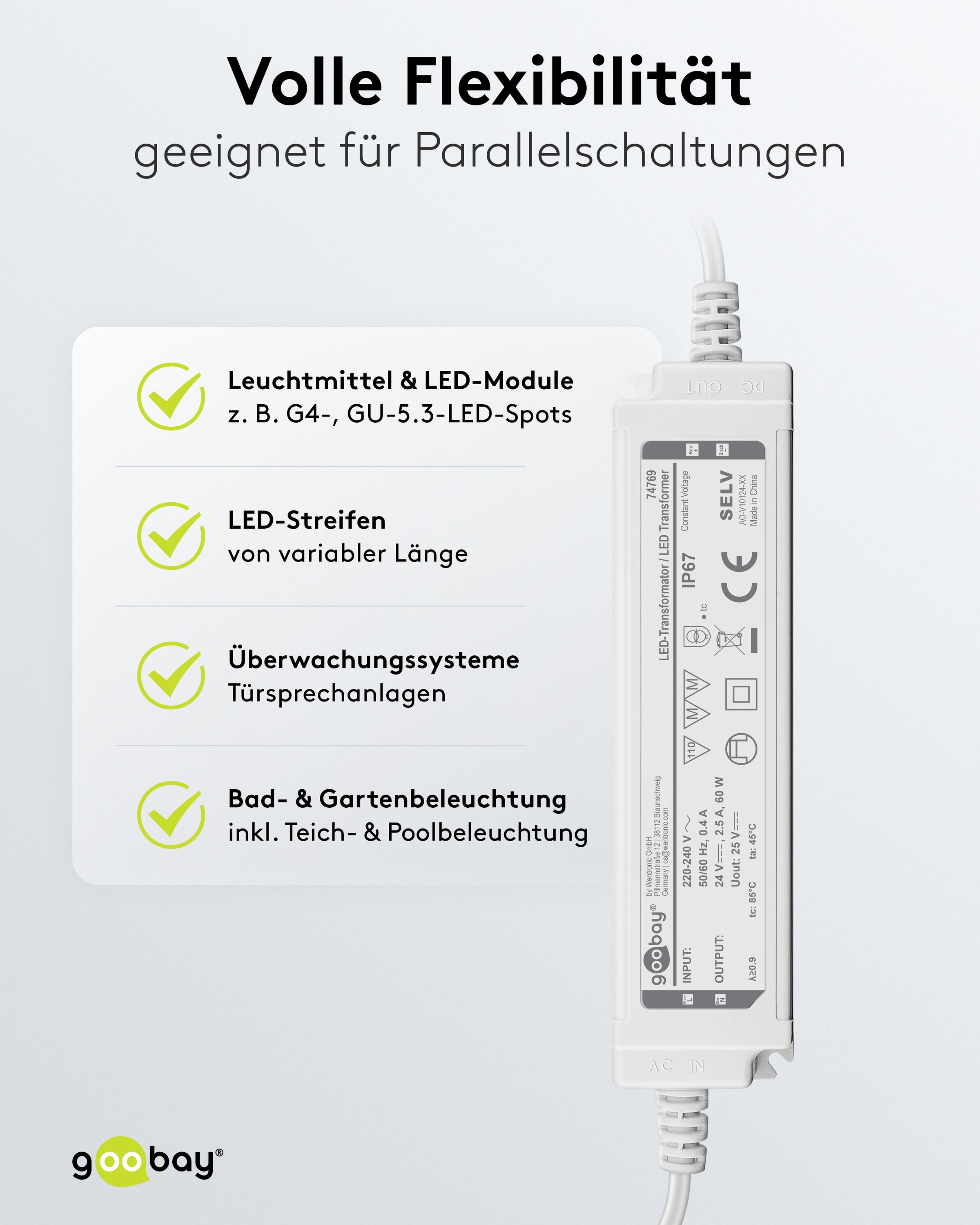 Wetterfester LED-Trafo GOOBAY 24V DC, 60W, 4.16 A, IP67