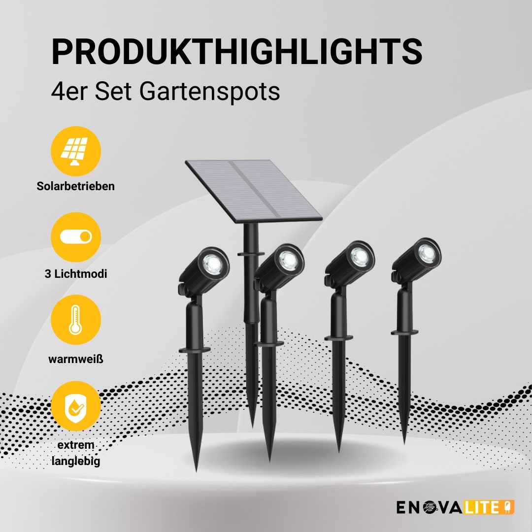 ENOVALITE Solar LED-Gartenstrahler, 4-Stück, 5 W, 90 Lm, 3-Lichtmodi ENOVALITE Solar LED-Gartenstrahler, 4-Stück, 5 W, 90 Lm, 3-Lichtmodi