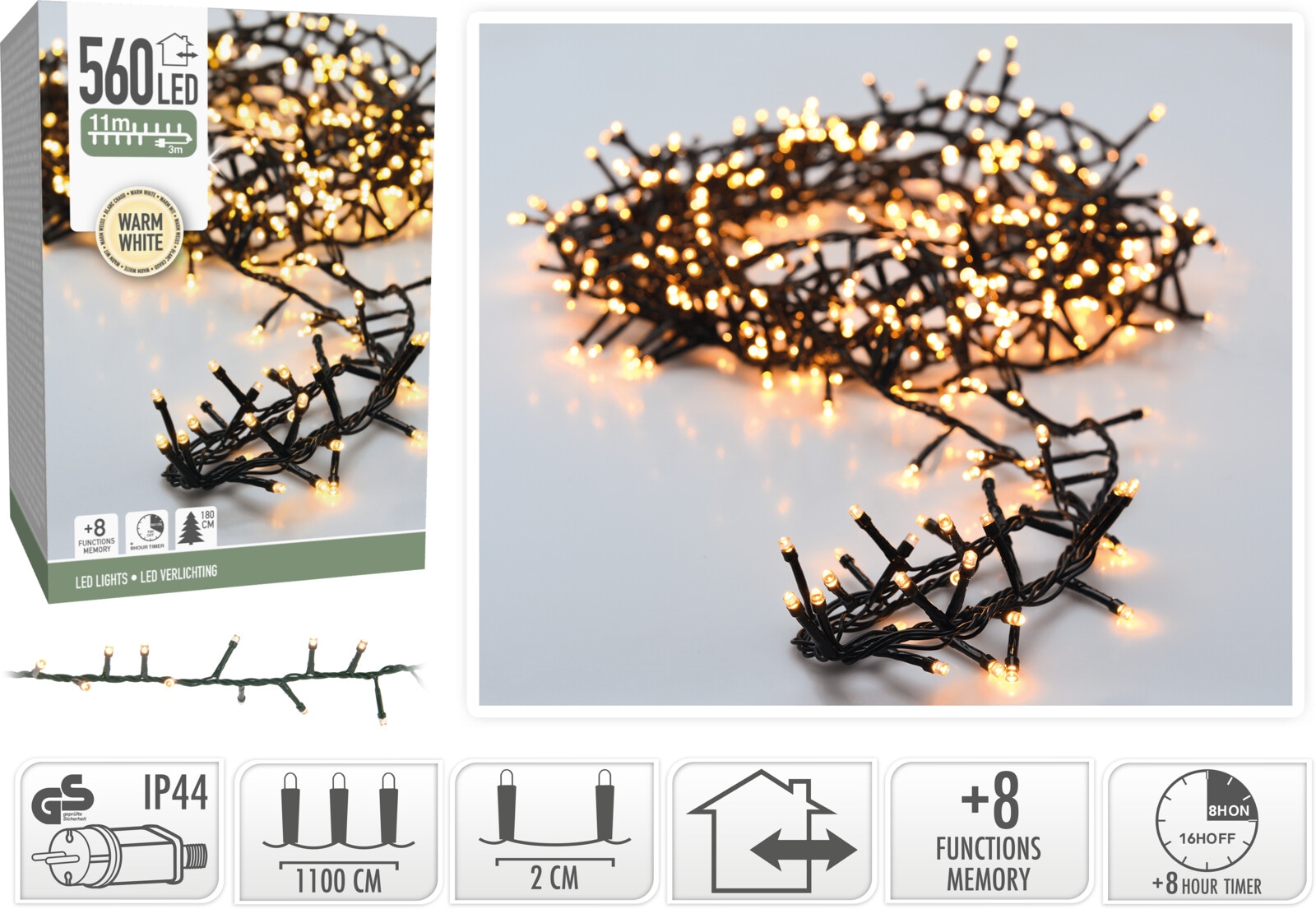 KOOPMAN LED-Clusterlichterkette warmweiß, 560 LEDs, Grünes Kabel, Innen/Außen, 14m