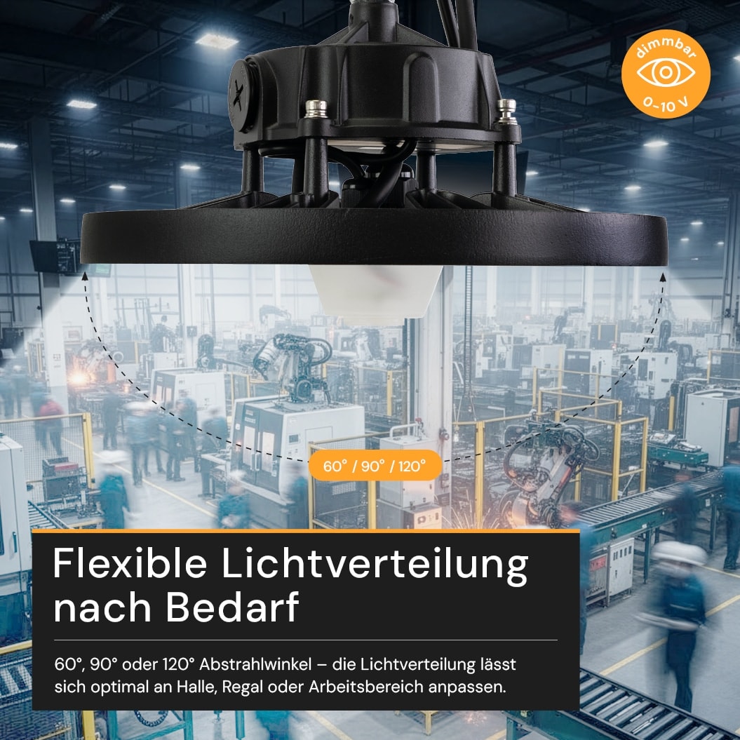 ENOVALITE LED-HighBay-Leuchte, UFO, 60...100 W, 4000 K, EEK: C, 9600...16000 lm, dimmbar, IP65, schwarz