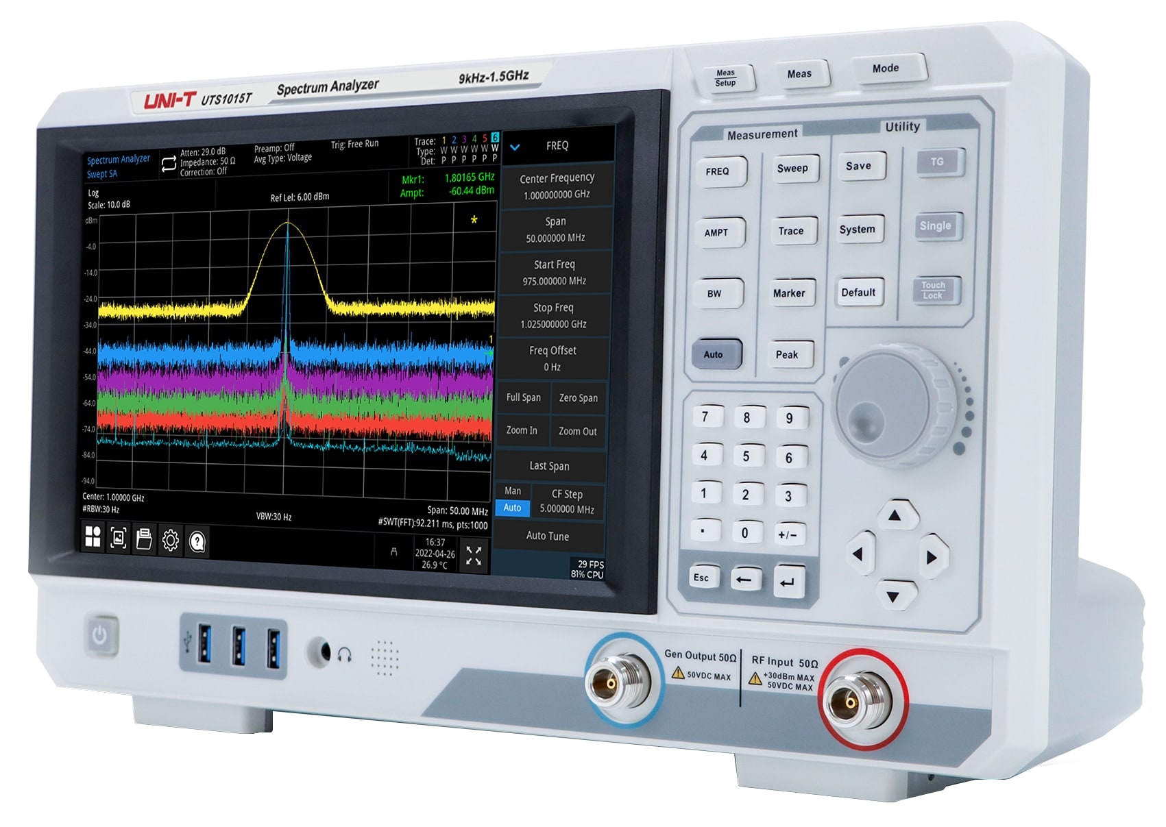 UNI-T Spektrumanalysator UTS1015T, 9 kHz..1,5 GHz, mit Quellverfolgung + 3 Software-Optionen UNI-T Spektrumanalysator UTS1015T, 9 kHz..1,5 GHz, mit Quellverfolgung