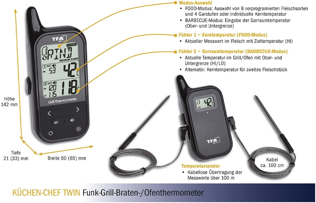 TFA Grill-Funkthermometer Küchen-Chef, 14.1511.01 TFA Grill-Funkthermometer Küchen-Chef, 14.1511.01