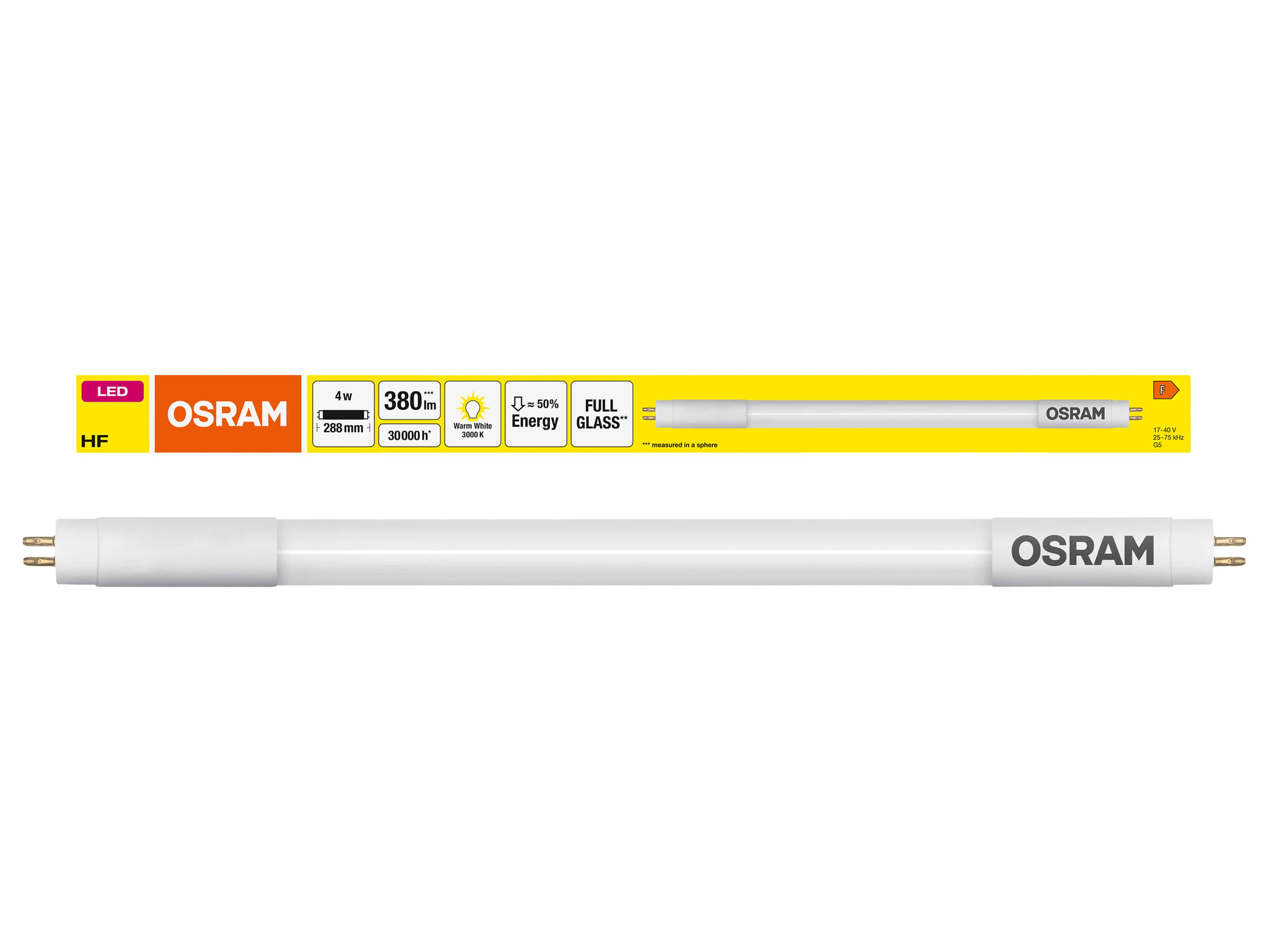 OSRAM LED-Röhre, T5, 288mm, G5, EEK: F, 4W, 380lm, 3000K