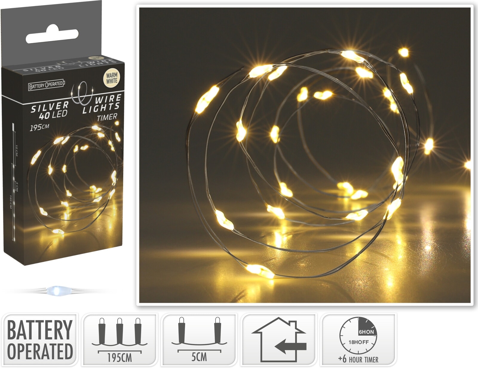 LED-Lichterkette warmweiß, Batteriebetrieben, 40 LEDs, Silberdraht, Innen, 1,95m KOOPMAN LED-Lichterkette warmweiß, Batteriebetrieben, 40 LEDs, Silberdraht, Innen, 1,95m