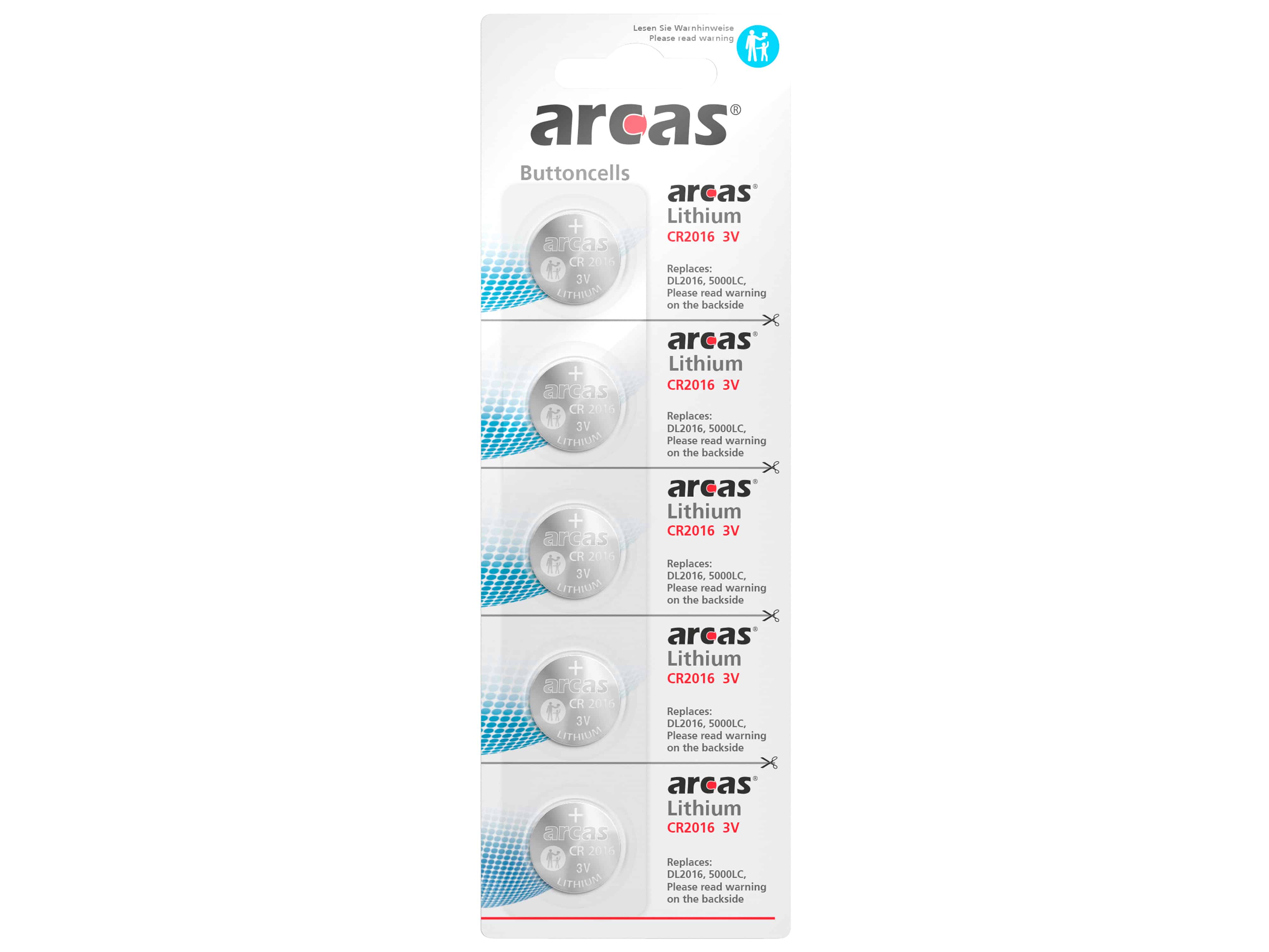ARCAS Lithium-Knopfzellen CR2016, 5 Stück