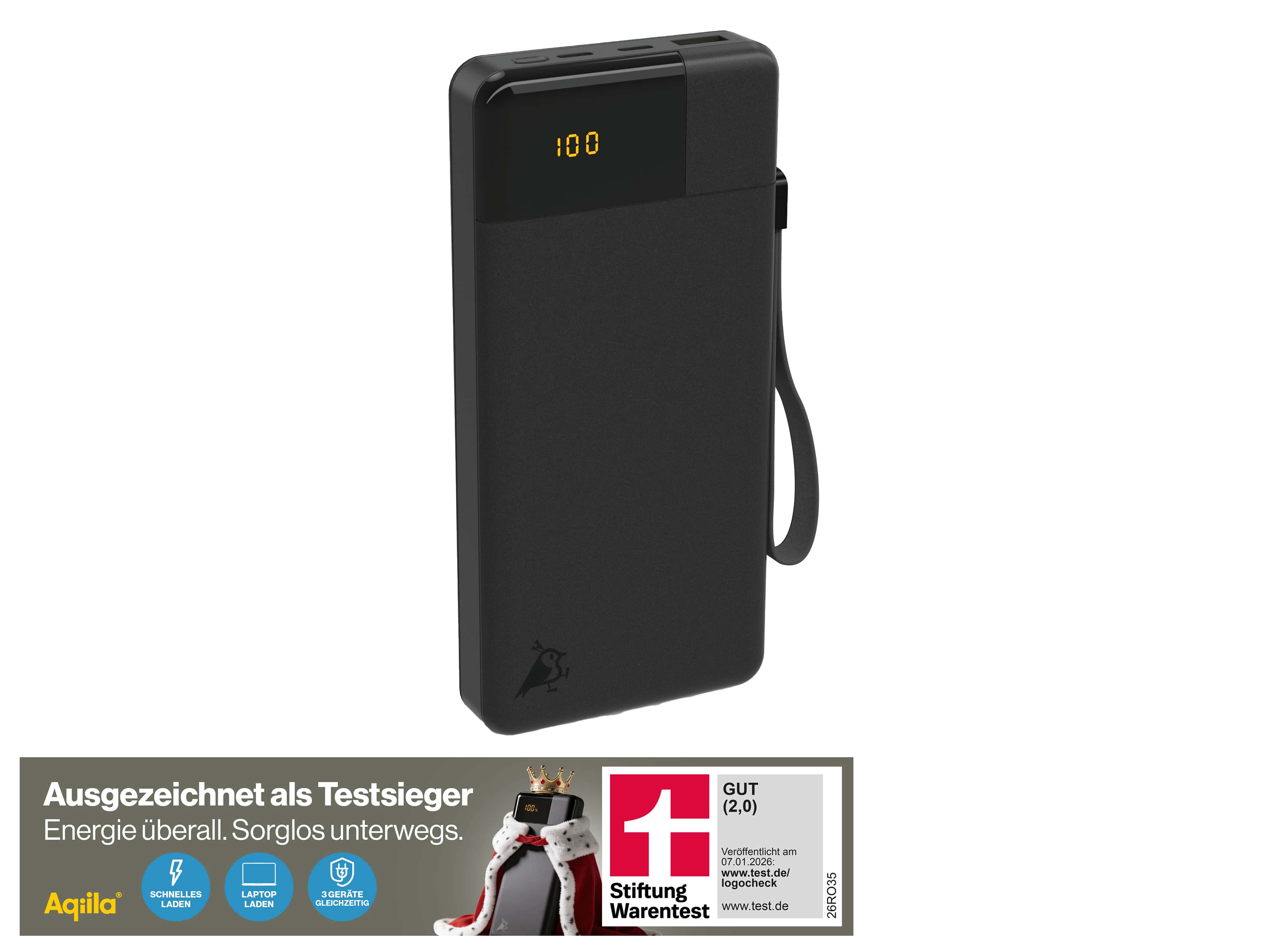 AQIILA Powerbank Powerbird B20+, 65 W, 20.000mAh, 1x USB-A, 2x USB-C, schwarz