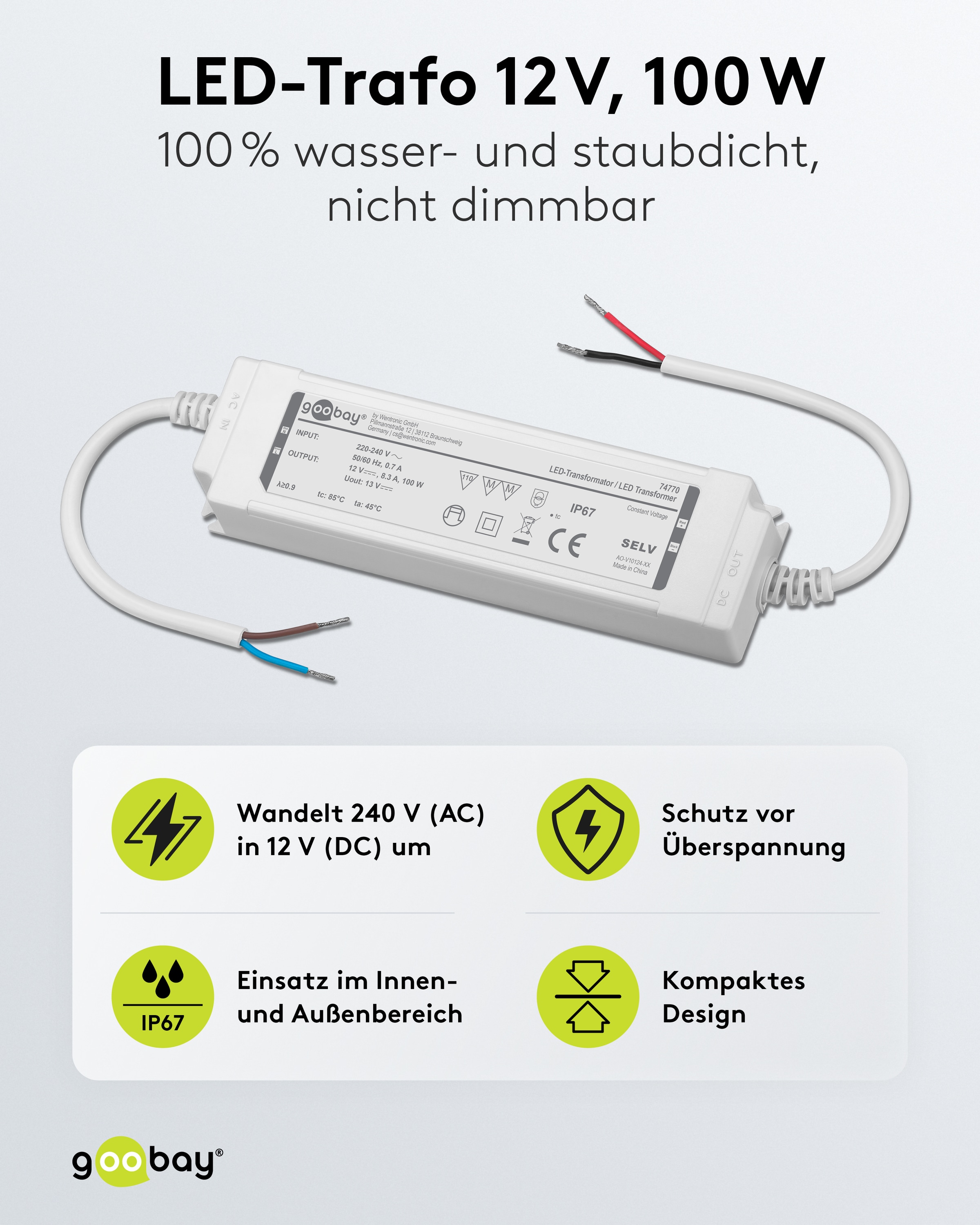 Wetterfester LED-Trafo GOOBAY 12V DC, 100W, 5 A, IP67