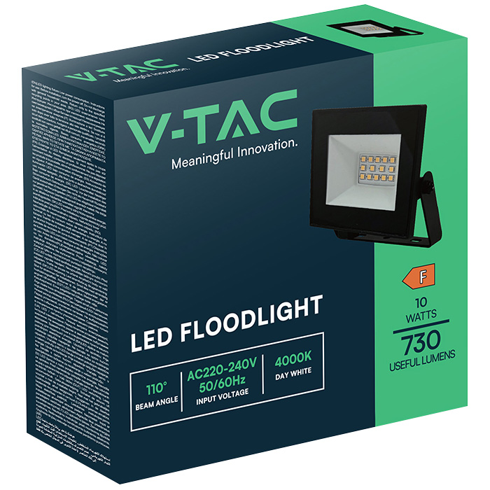 V-TAC LED-Fluter, VT-44012, 10 W, 4000K, EEK: F, 730 lm, neutralweiß, IP65, schwarz