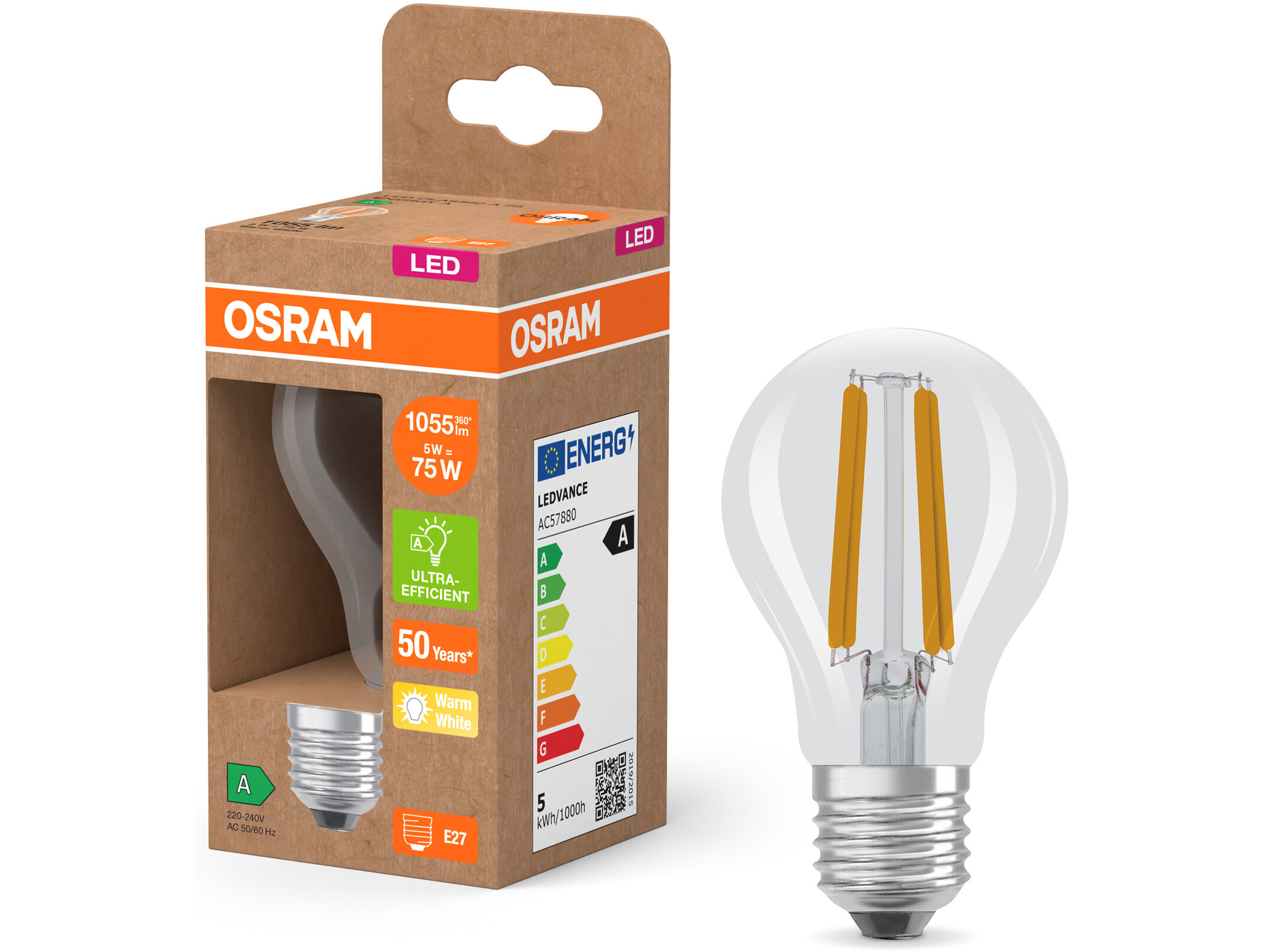 OSRAM LED-Lampe, Kolbenform, E27, 5 W, 2700 K, EEK: A, 1055 lm, warmweiß