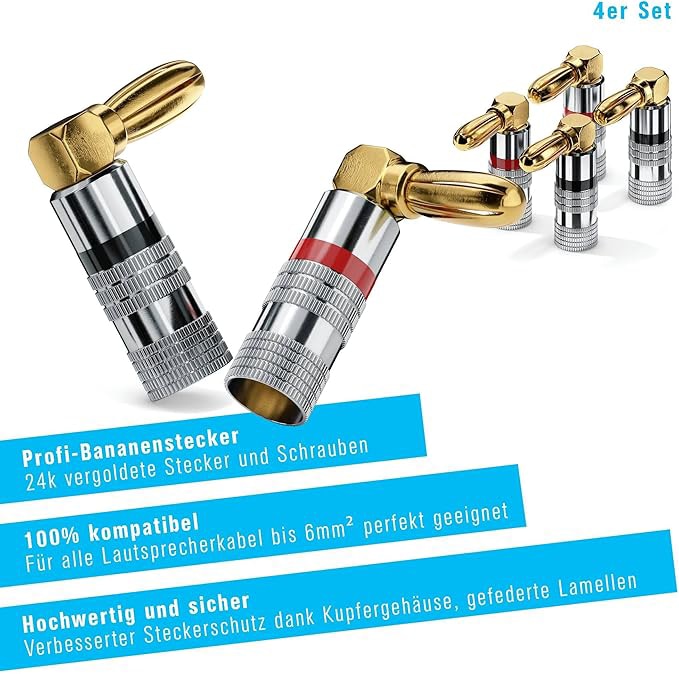 SONERO Bananenstecker S-SC090-04, gewinkelt 90° vergoldet 4er Set