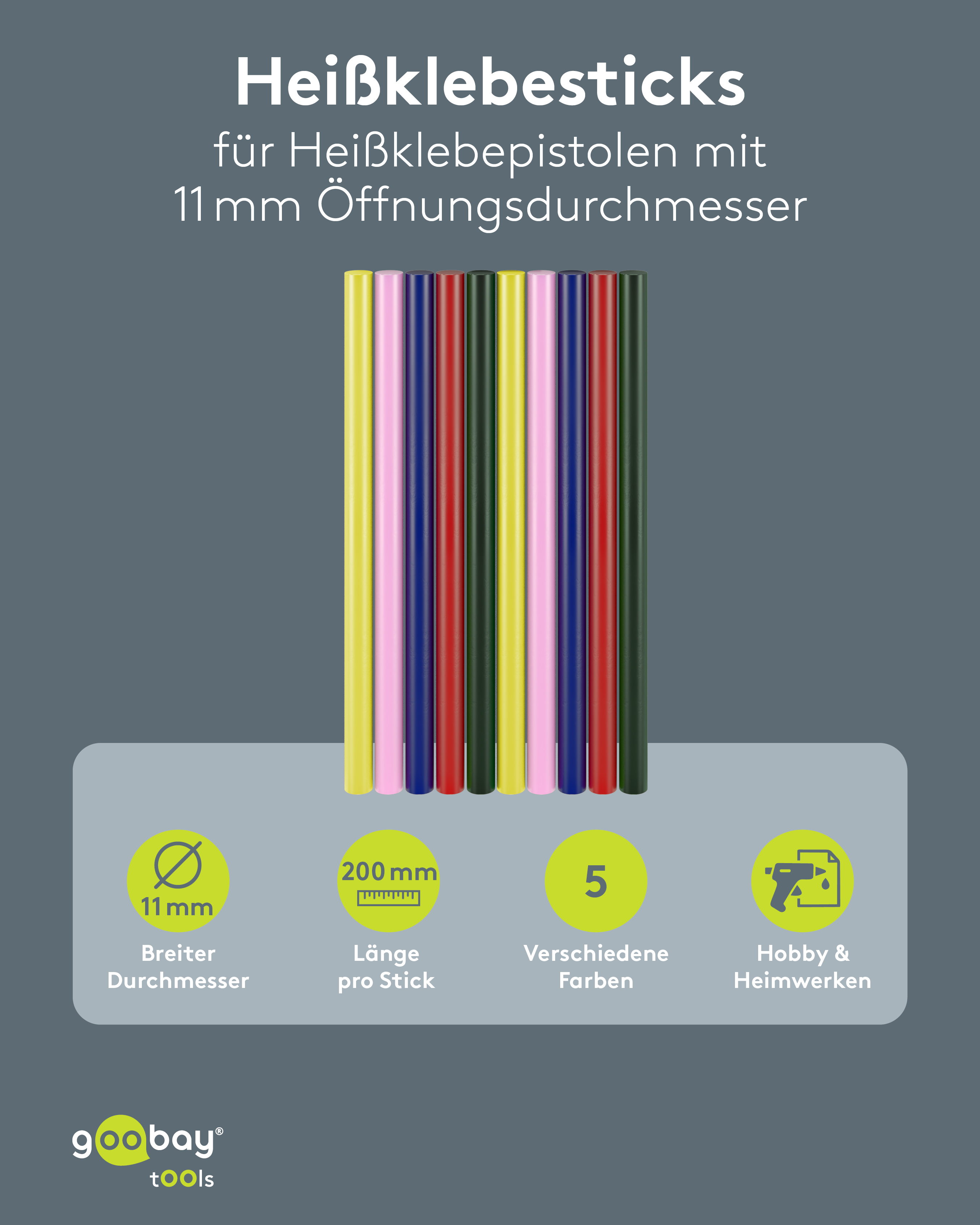 GOOBAY TOOLS Heißklebesticks, 77856, 11 mm, 5 Farben, 10 Stück
