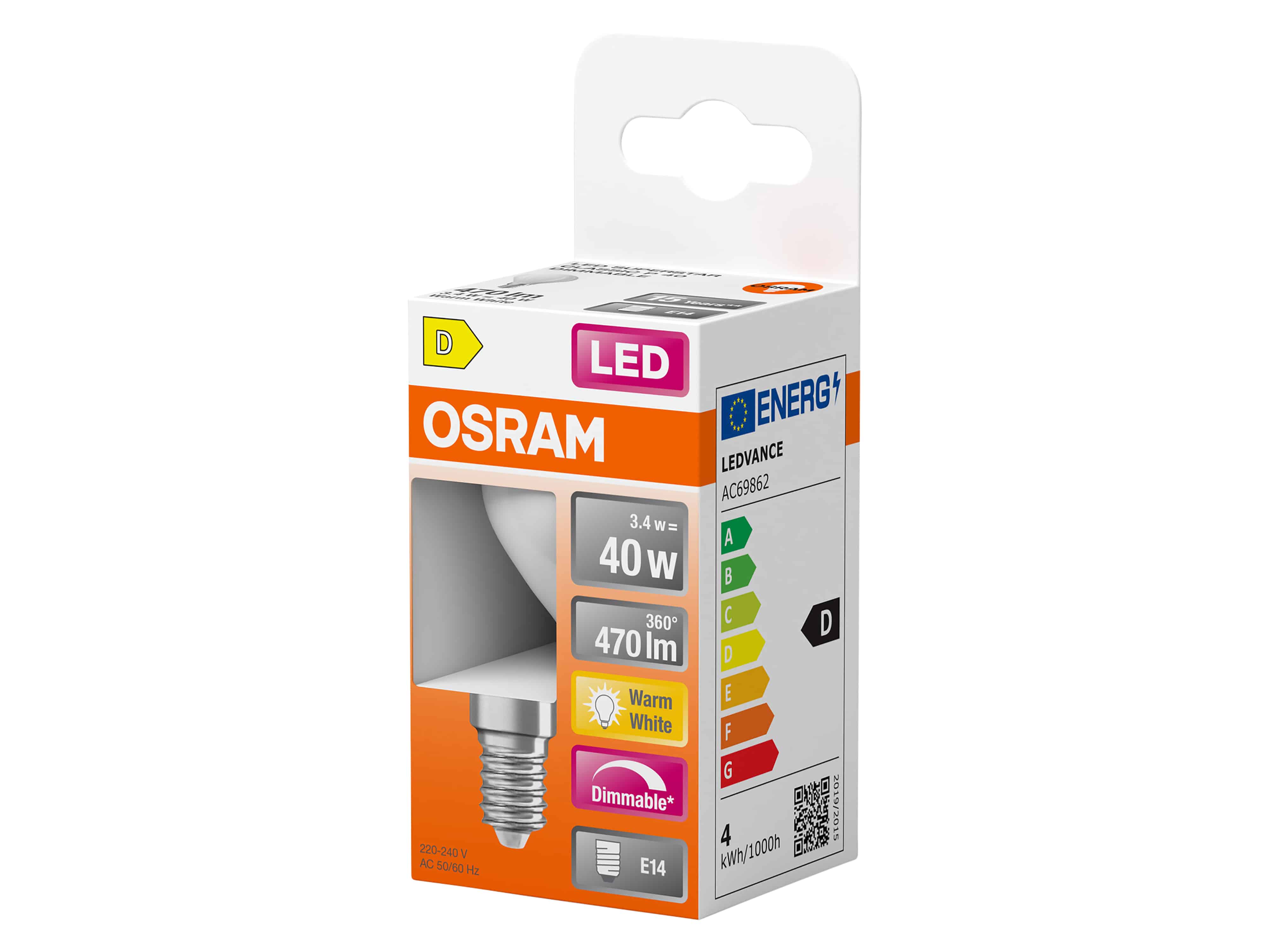 OSRAM LED-Lampe SUPERSTAR, dimmbar, E14, 3,4 W, 2700 K, EEK: D, 470 lm, warmweiß