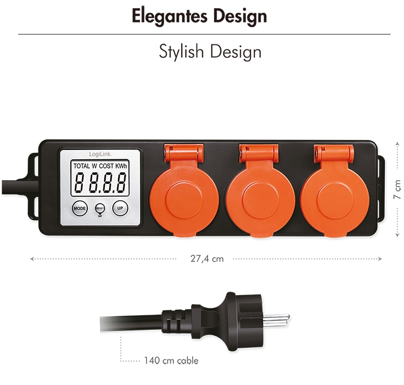 LOGILINK Außensteckdose mit Energiekostenmesser, 2,0"-LCD, Schutzklappe, 3-Fach