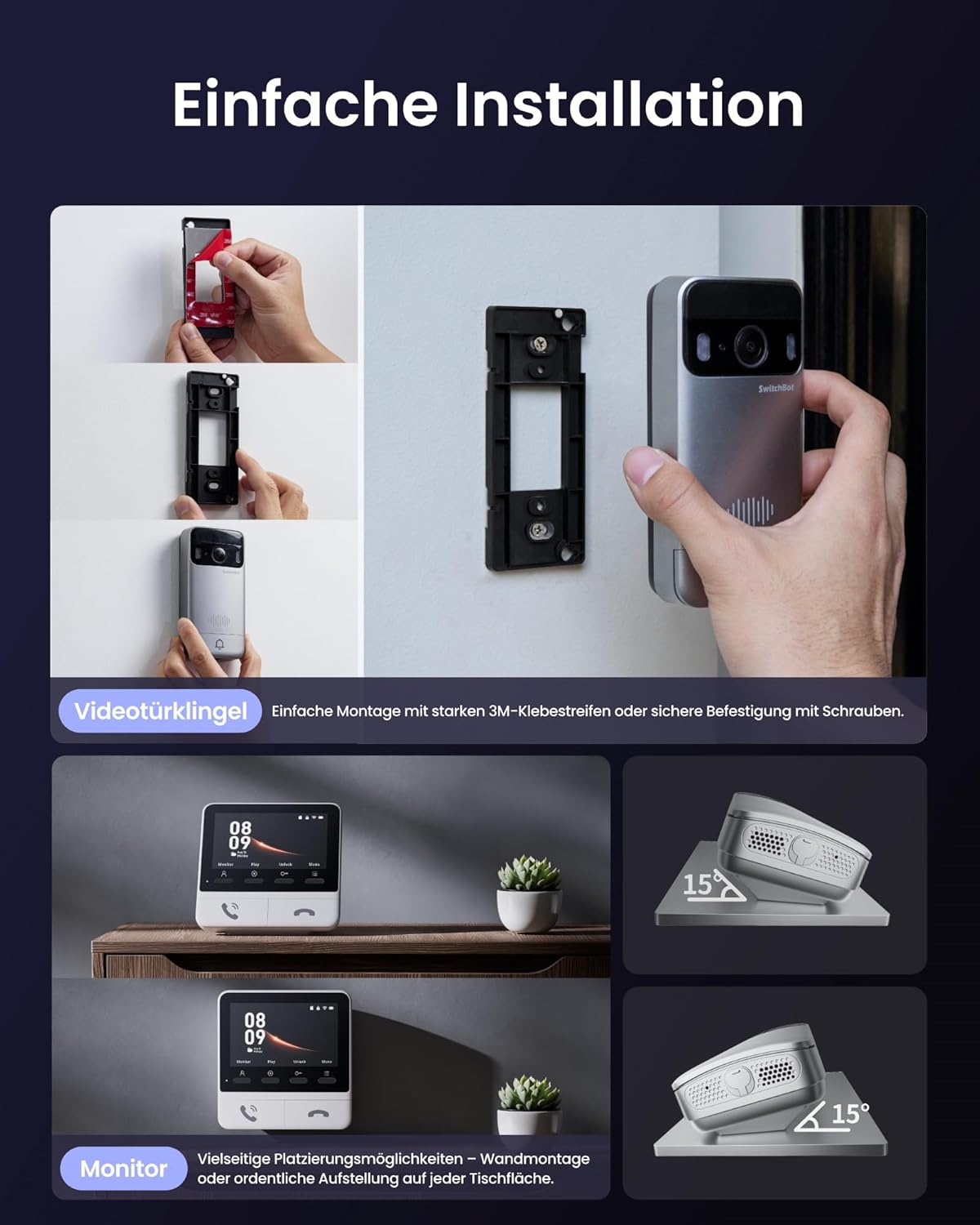 SWITCHBOT Videotürklingel, Monitor, Gegensprechanlage, silber-weiß