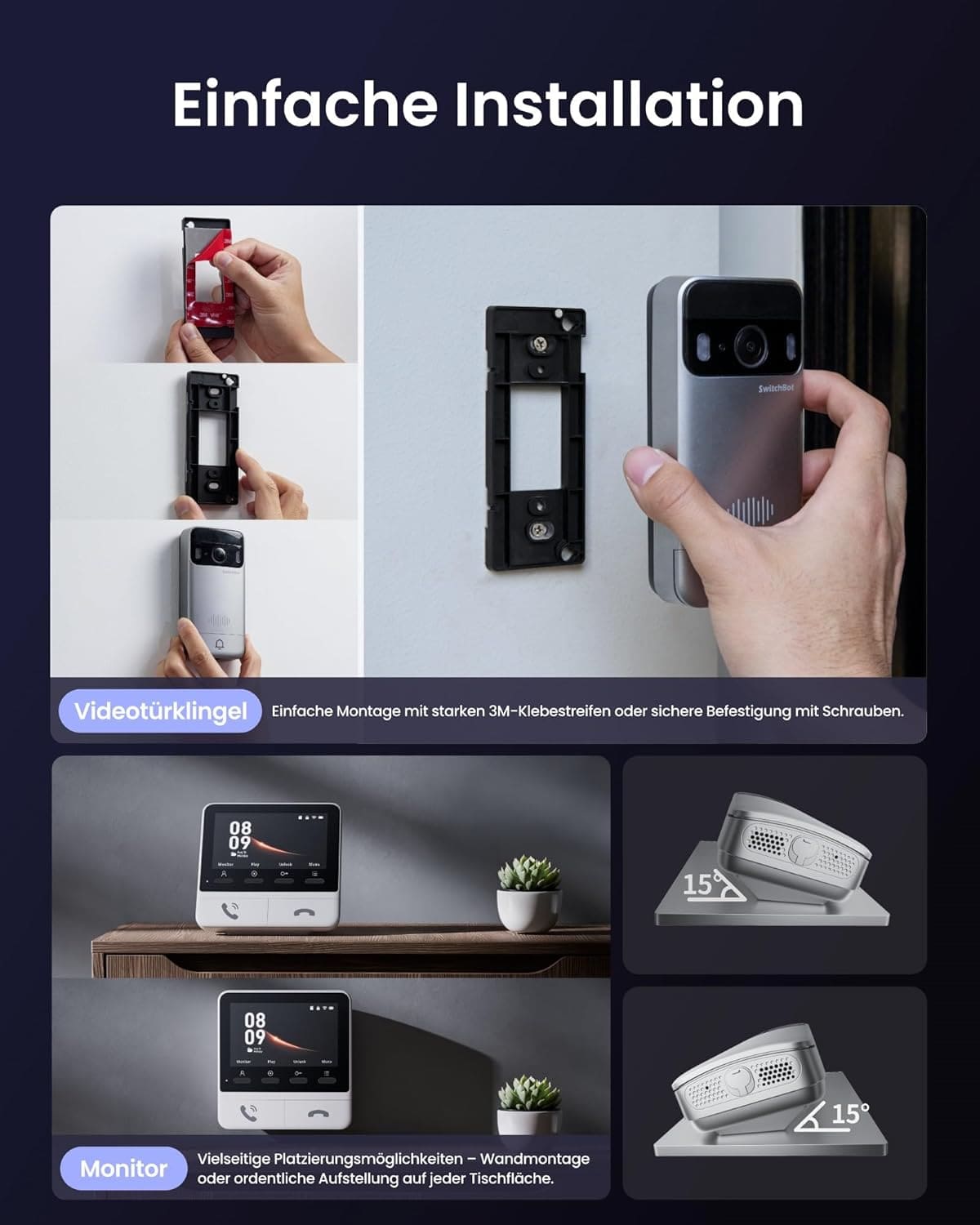 SWITCHBOT Videotürklingel, Monitor, Gegensprechanlage, silber-weiß
