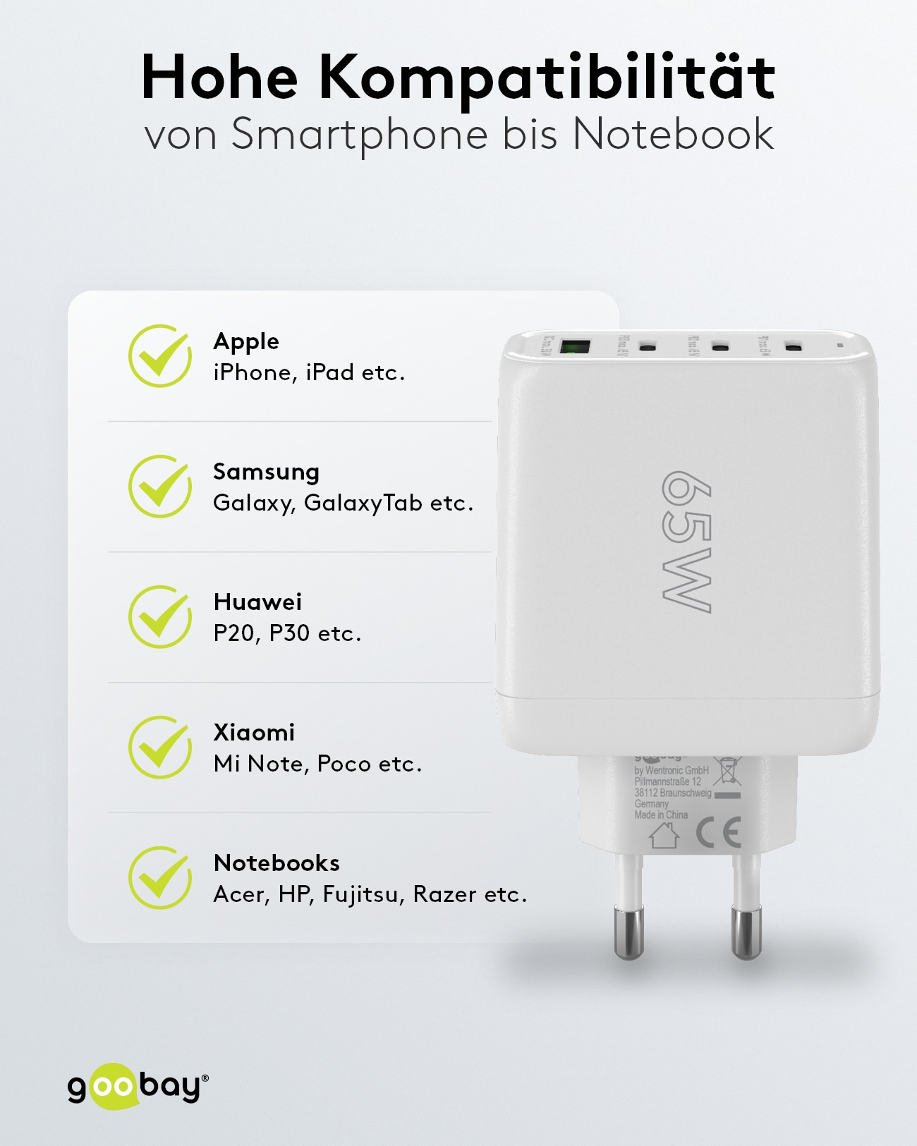 GOOBAY USB-Lader 64822, 68 W, 4-fach, 3x C PD, 1x A QC GaN