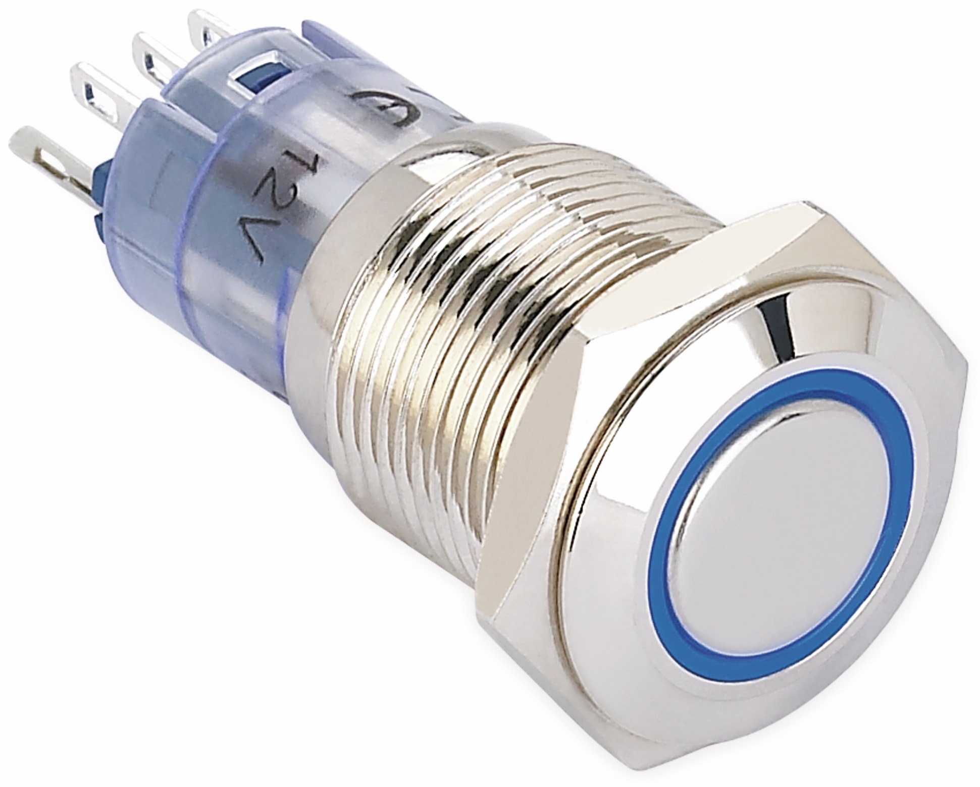 ONPOW Schalter, 24 V/DC, 1x Off/On, Beleuchtung blau, Lötanschluss, flach rund, Messing, 16 mm