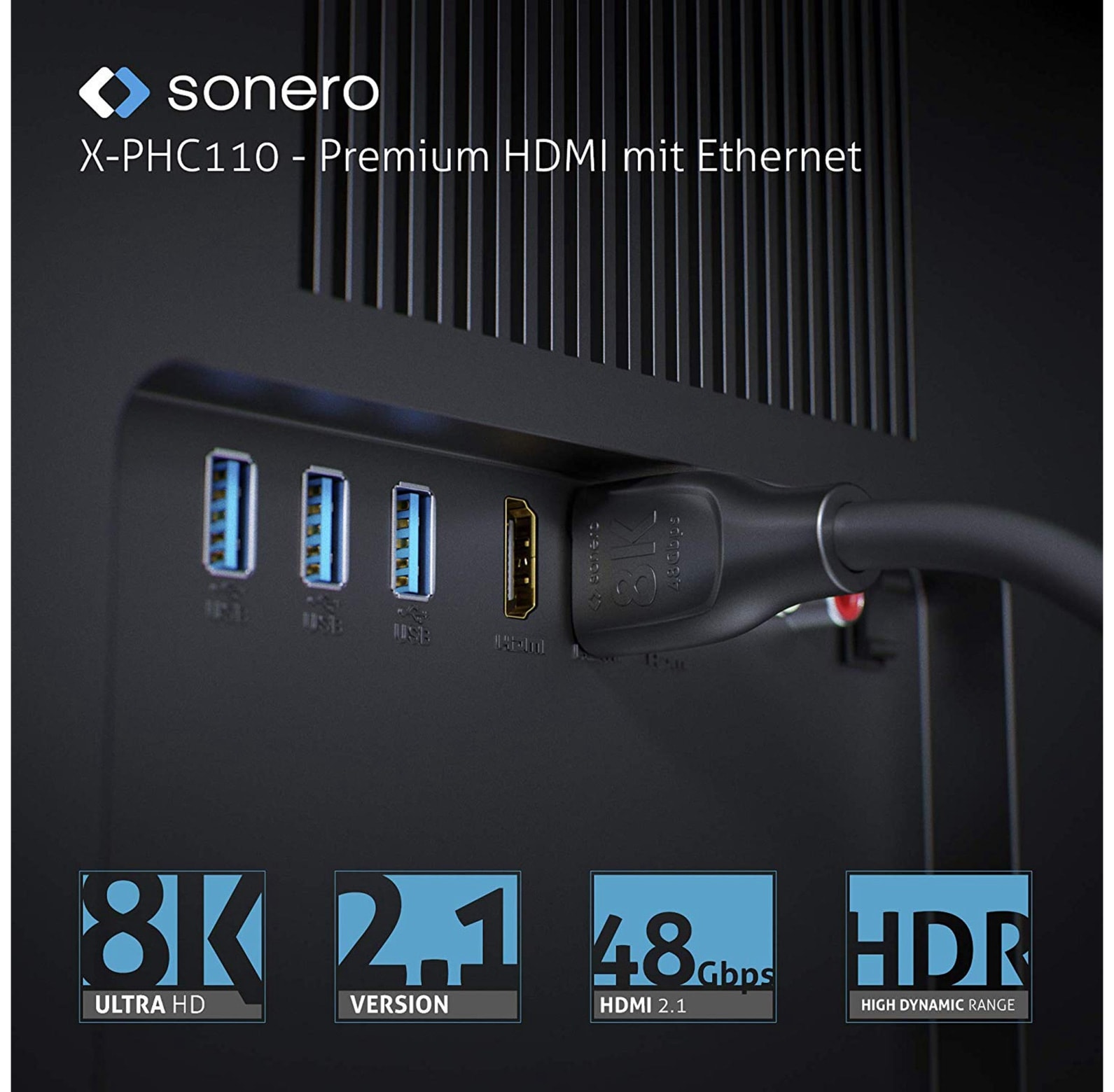 SONERO HDMI-Kabel Premium High Speed mit Ethernet, 1 m, HDMI 2.1