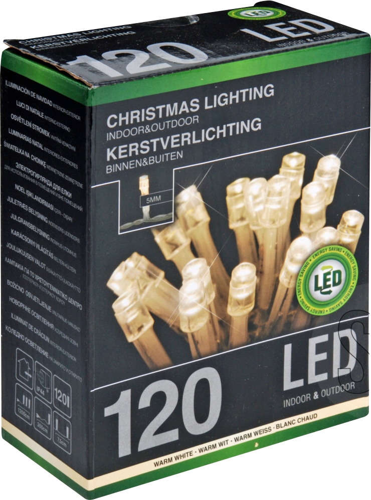 LED-Lichterkette, 120 LEDs, warmweiß, 230V~, IP44, Innen/Außen, silber/transparent