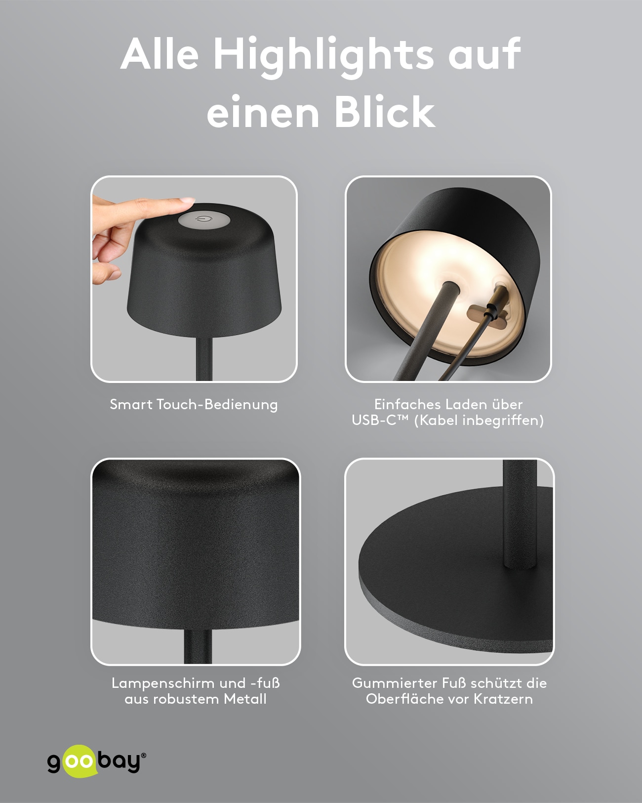 GOOBAY LED-Tischleuchte 77675, 2W, 3000 K, 150 lm, warmweiß, IP44, schwarz GOOBAY LED-Tischleuchte 77675, 2W, 3000 K, 150 lm, warmweiß, IP44, schwarz