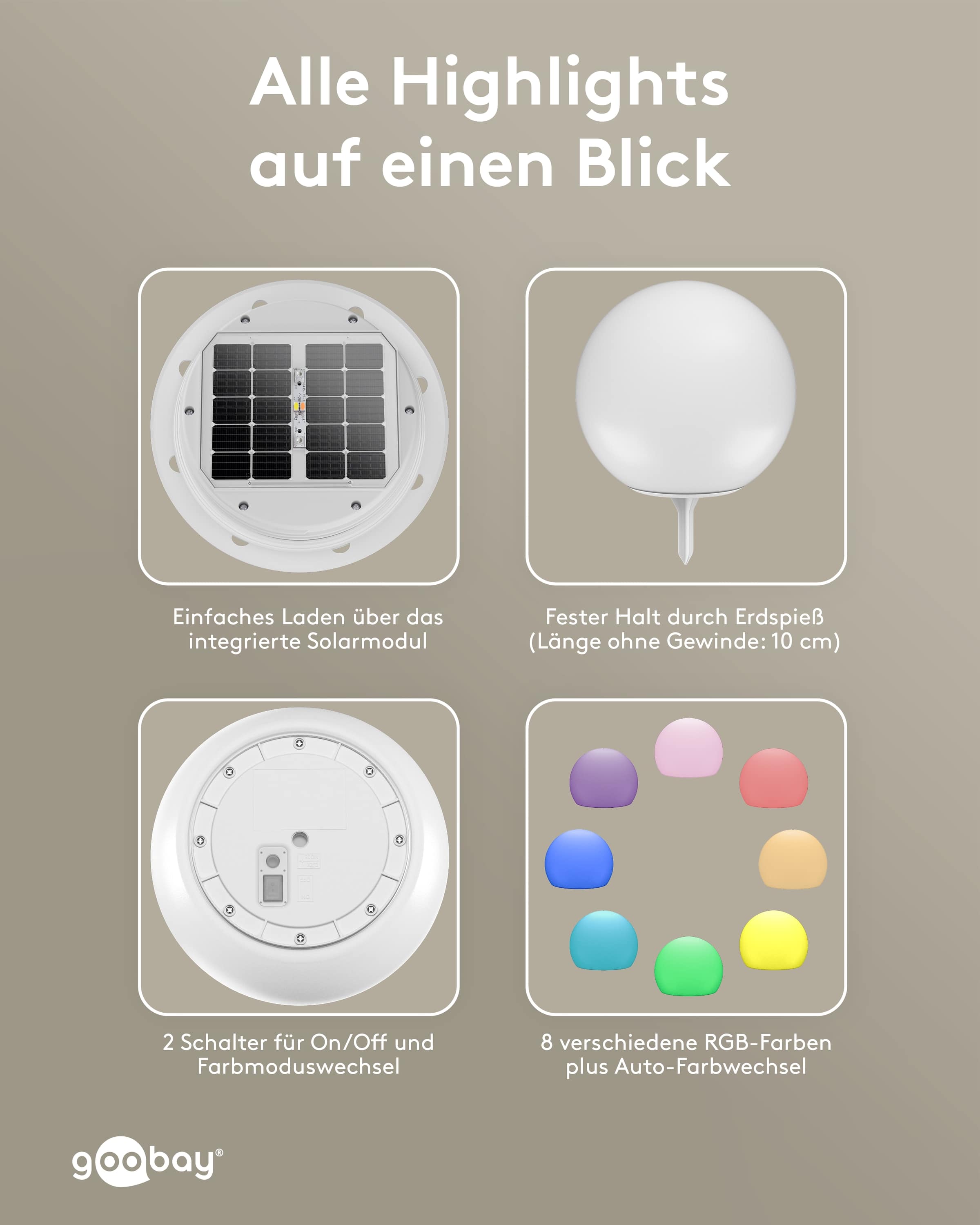 GOOBAY LED-Solar-Gartenleuchte, 35 cm, Kugel, Größe XL, RGBW