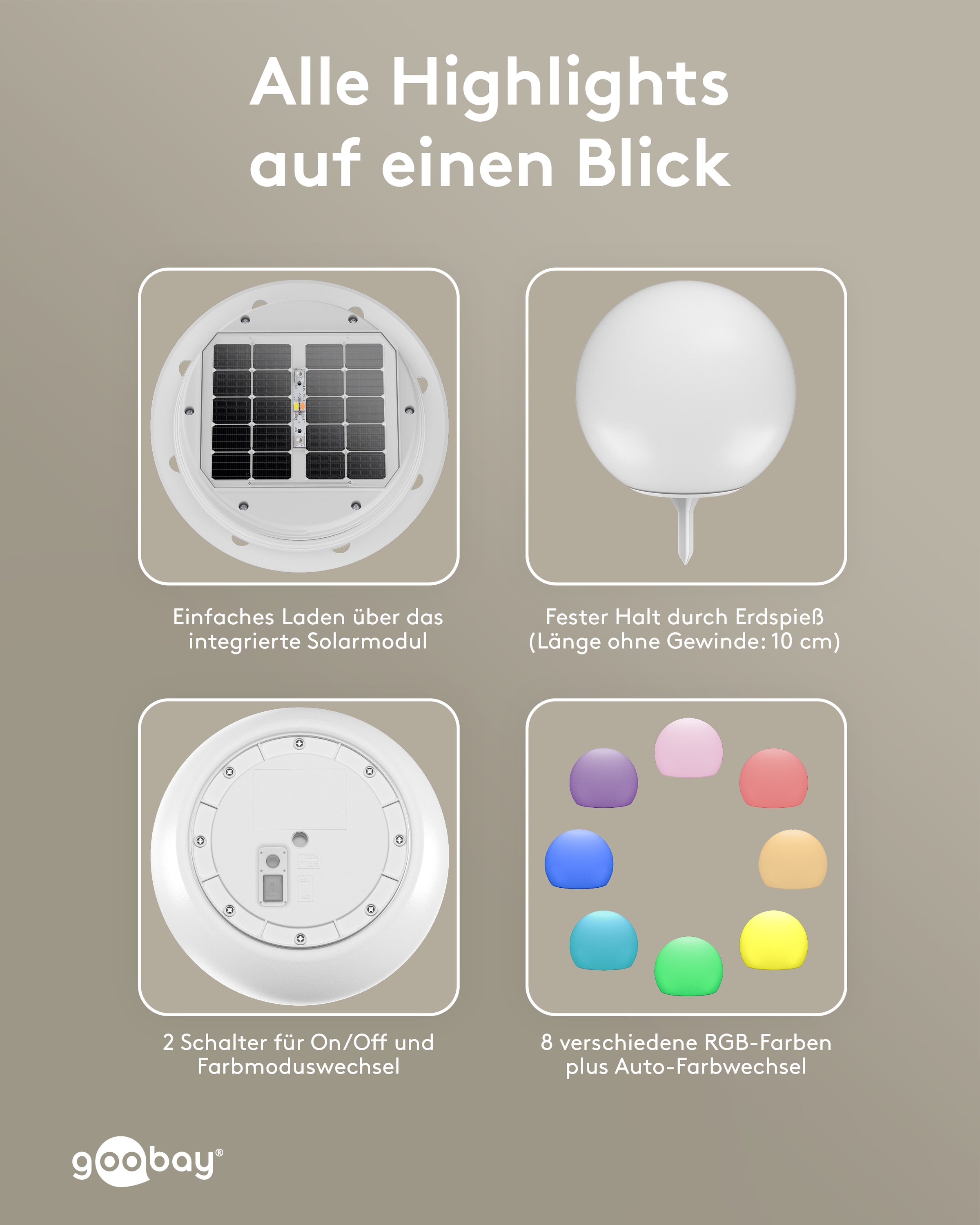 GOOBAY LED-Solar-Gartenleuchte, 35 cm, Kugel, Größe XL, RGBW GOOBAY LED-Solar-Gartenleuchte, 35 cm, Kugel, Größe XL, RGBW