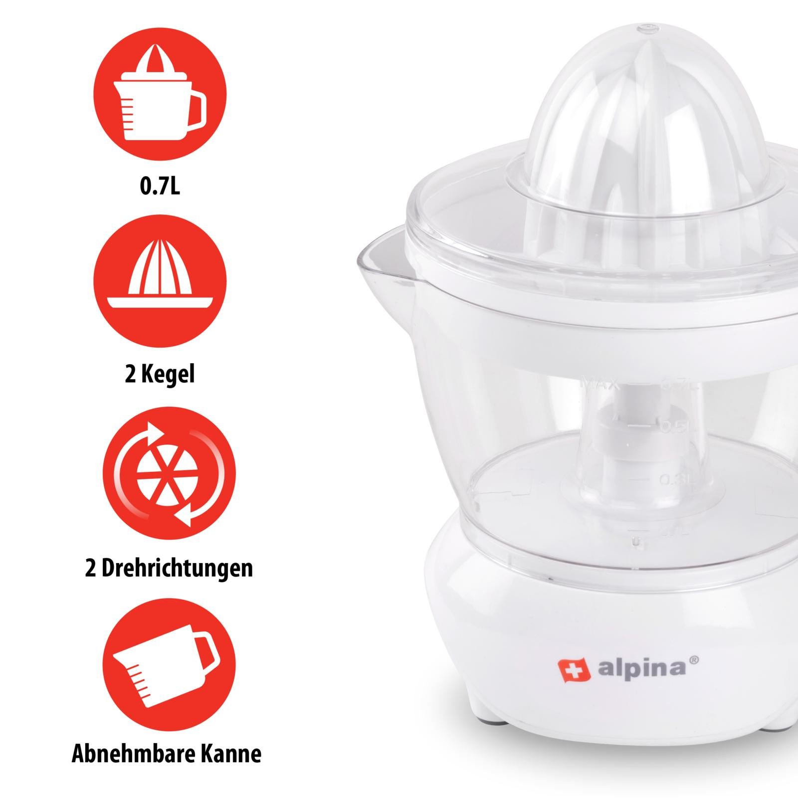 ALPINA Saftpresse, 0,7 Liter, Ziruspresse, 2 Presskegel, 25 W, weiß ALPINA Saftpresse, 0,7 Liter, Ziruspresse, 2 Presskegel, 25 W, weiß