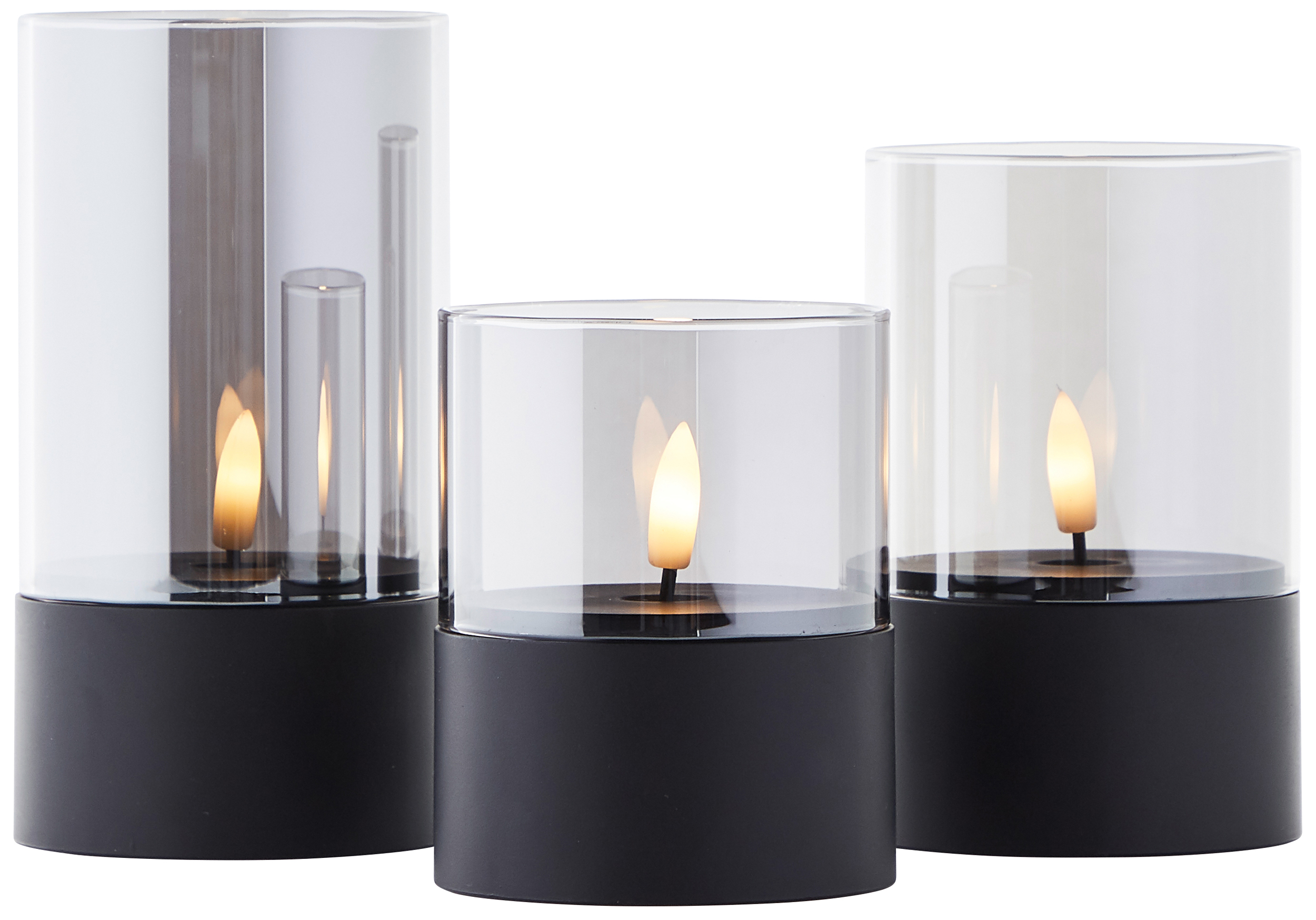 BRILLIANT LED-Kerzen, Ø 8 cm, Rauchglas, 10/12,5/15 cm, schwarz, 3er-Set