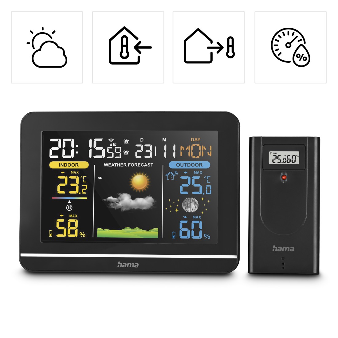HAMA Digitale Wetterstation Usedom Schwarz, AC, Farbdisplay