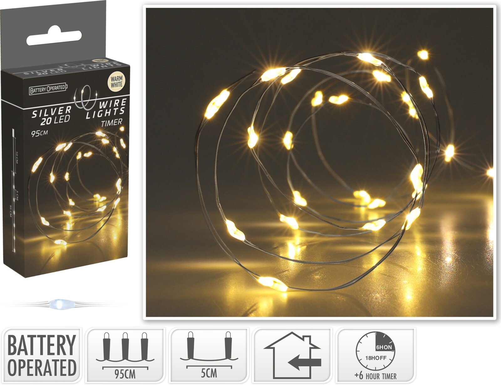 KOOPMAN LED-Lichterkette warmweiß, Batteriebetrieben, 20 LEDs, Silberdraht, Innen, 0,95m