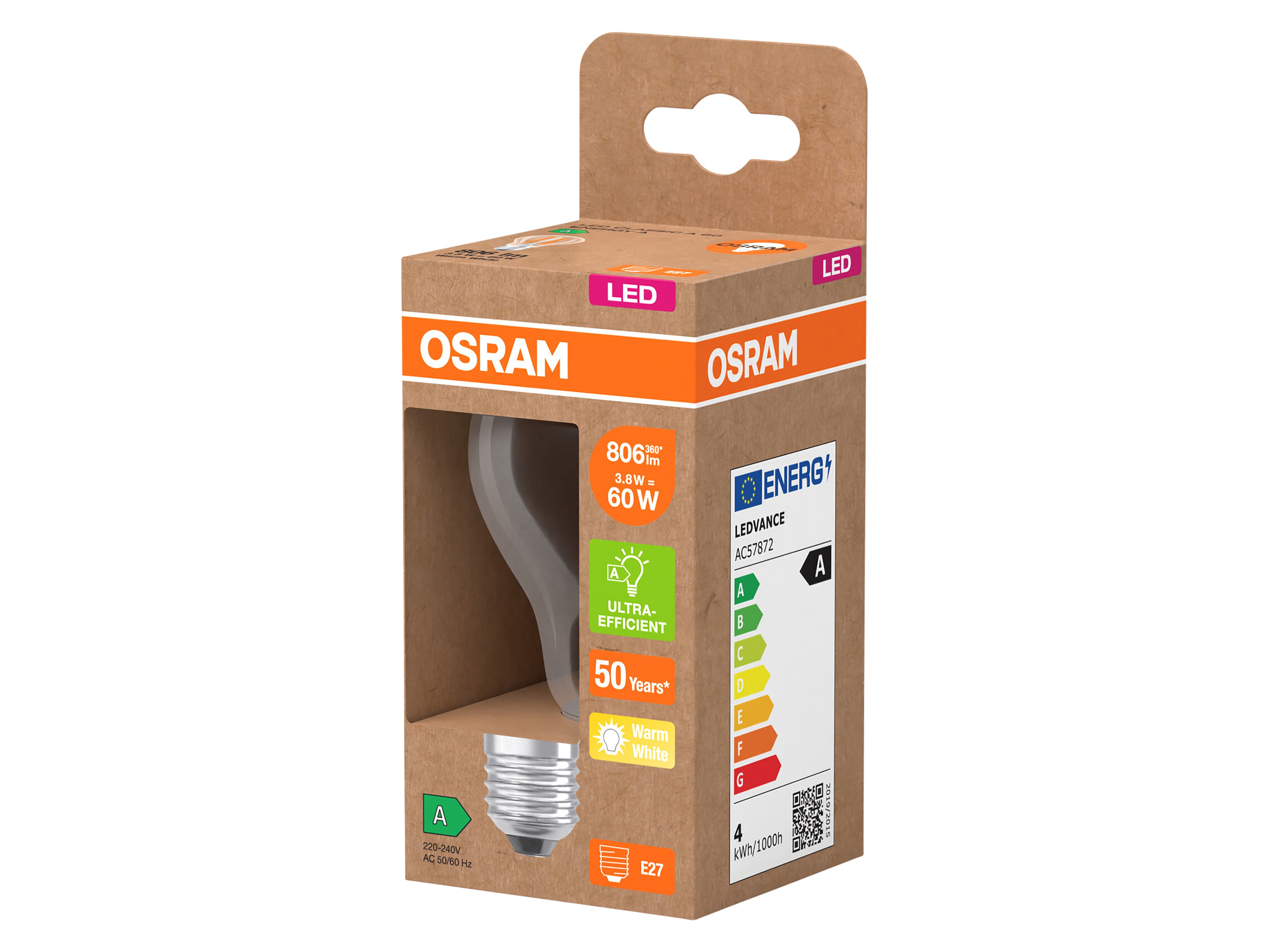 OSRAM LED-Lampe, Kolbenform, E27, 3,8 W, 2700 K, EEK: A, 806 lm, warmweiß