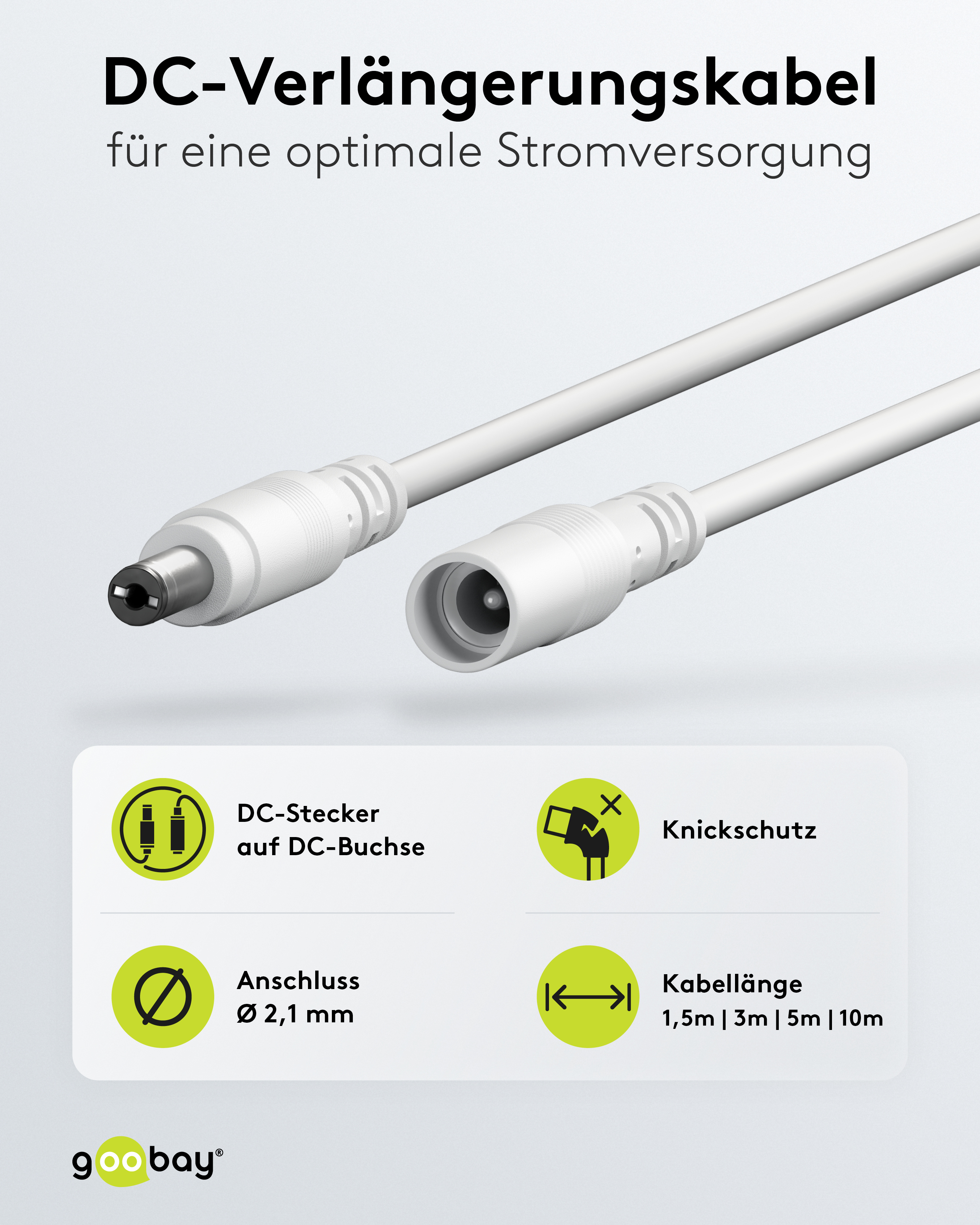 GOOBAY DC-Adapterkabel 2,1 mm, DC-Stecker auf DC-Kupplung, weiß, 3 m
