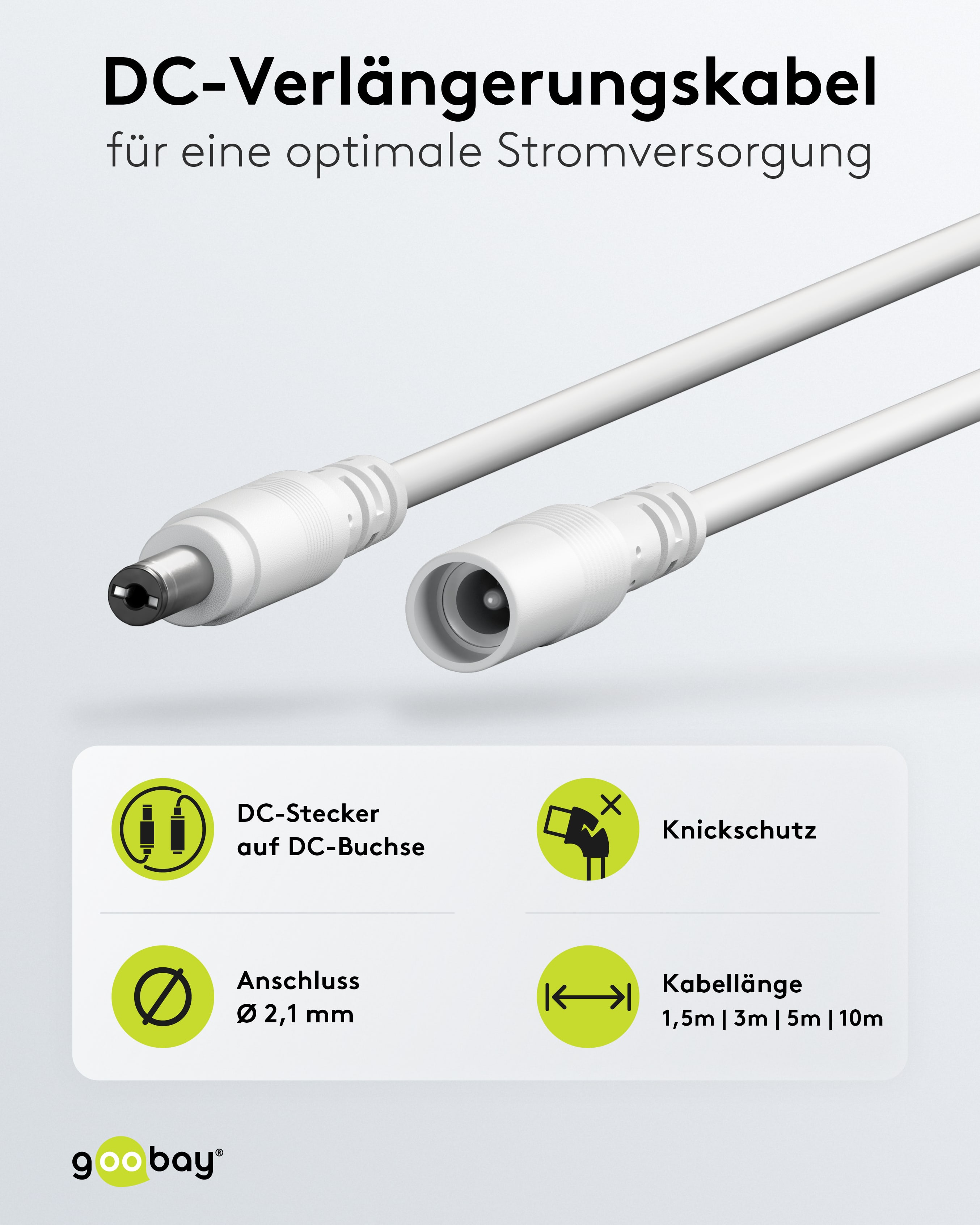 GOOBAY DC-Adapterkabel 2,1 mm, DC-Stecker auf DC-Kupplung, weiß, 3 m GOOBAY DC-Adapterkabel 2,1 mm, DC-Stecker auf DC-Kupplung, weiß, 3 m