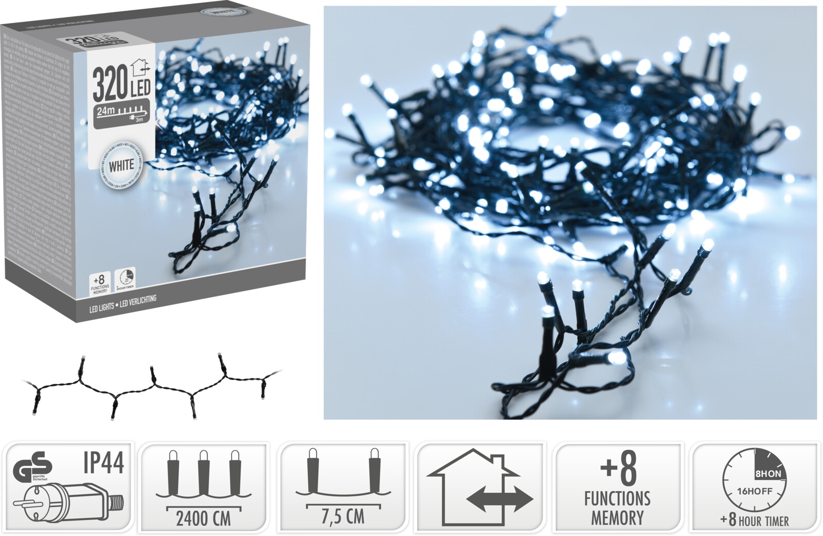 LED-Lichterkette 320 LEDs, Grünes Kabel, Innen/Außen, kaltweiß, 27 m