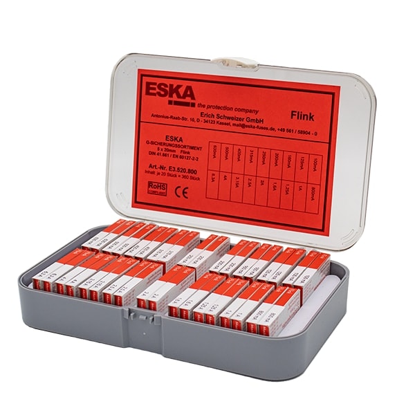 ESKA Feinsicherung-Sortiment, E3520800, (Ø x L) 5 mm x 20 mm Flink -F- Inhalt 360 St. ESKA Feinsicherung-Sortiment, E3520800, (Ø x L) 5 mm x 20 mm Flink -F- Inhalt 360 St.