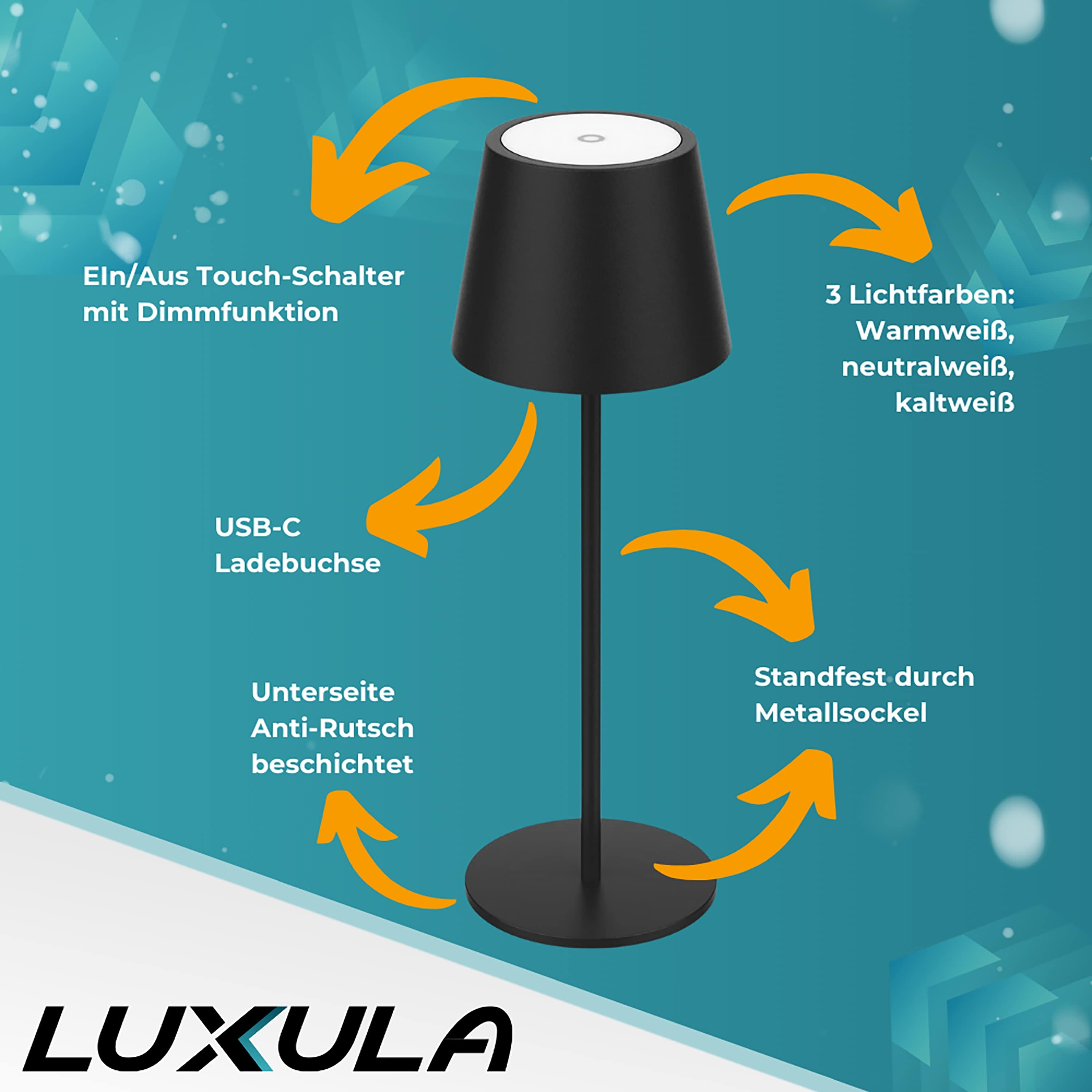 LUXULA LED-Akku-Tischleuchte LX700160, 3W, 200lm, Dimm- und CCT-Funktion