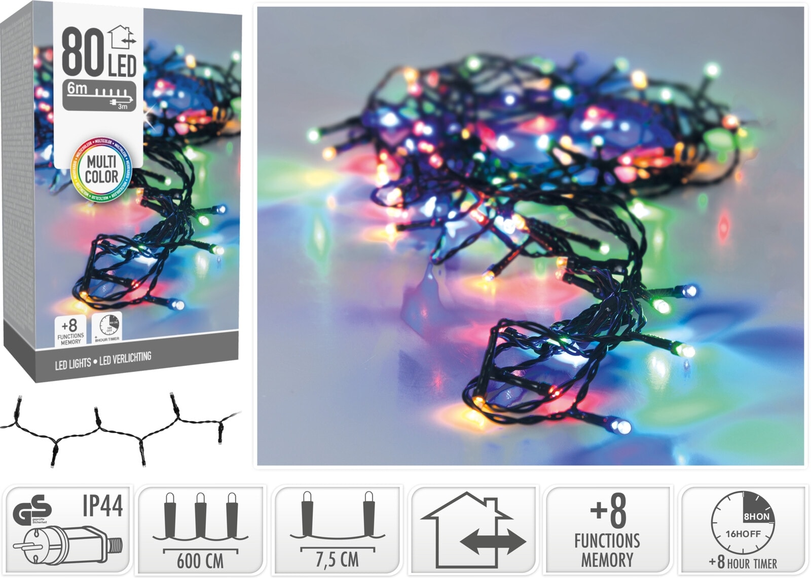 LED-Lichterkette bunt, 80 LEDs, Grünes Kabel, Innen/Außen, 9m, 8 Funk. KOOPMAN LED-Lichterkette bunt, 80 LEDs, Grünes Kabel, Innen/Außen, 9m, 8 Funk.
