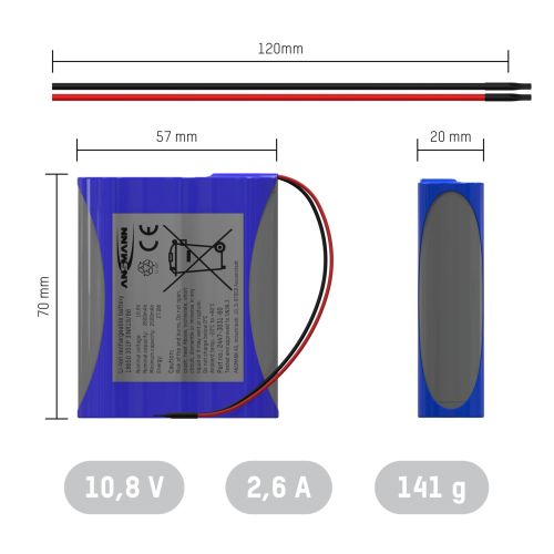 ANSMANN Li-Ion Akkupack mit Ausgangskabel, 3S1P, 27,5 Wh, 10,8 V, 2600 mAh