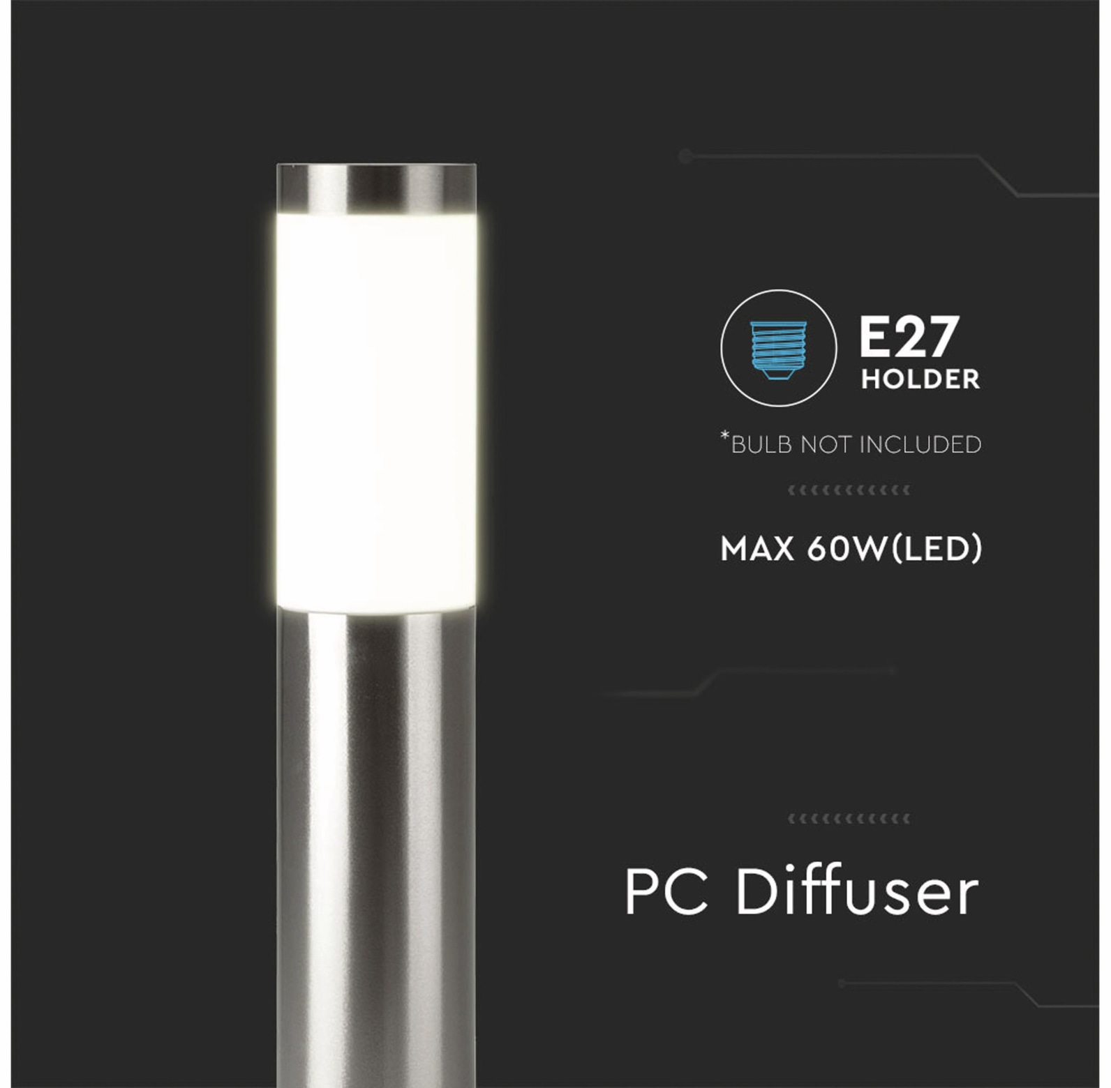 V-TAC Poller-Außenleuchte VT-838, IP44, E27, Edelstahl, 1100mm, VT-8962, Nickel-satiniert
