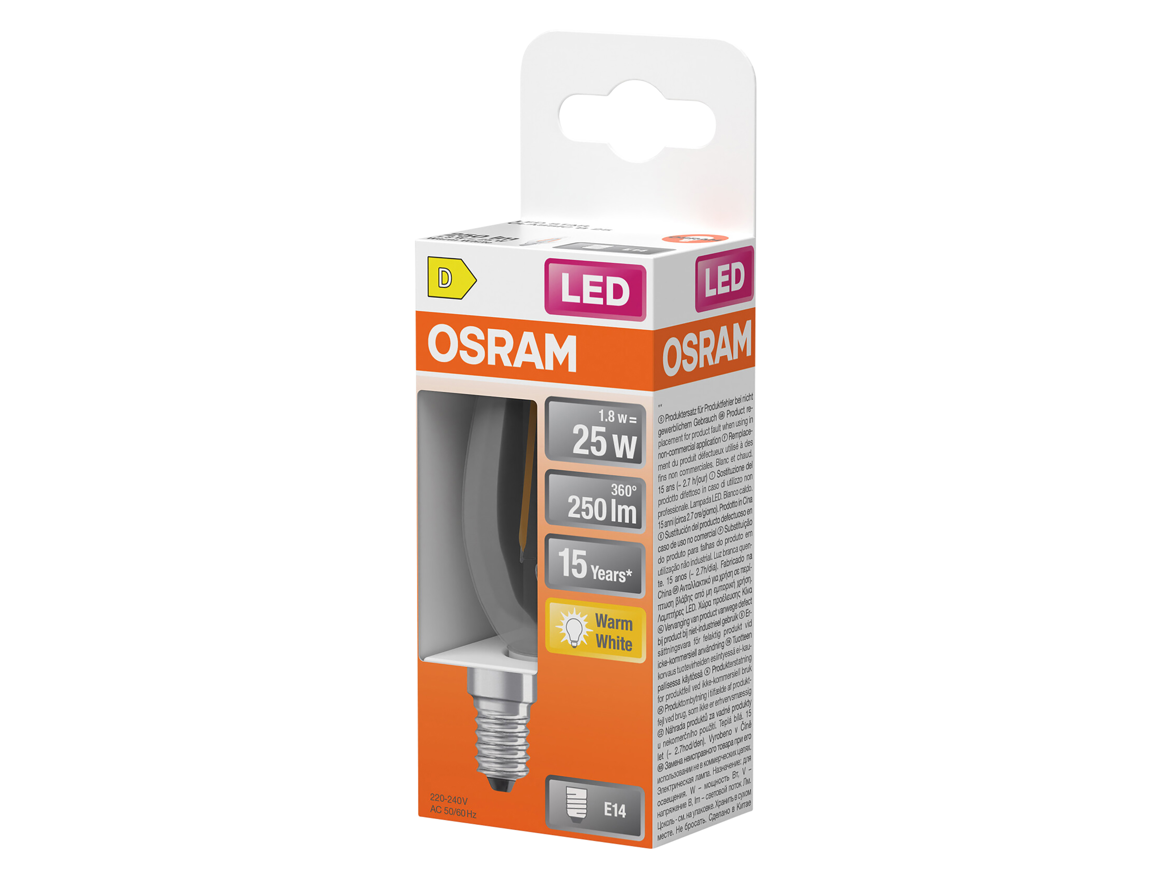 OSRAM LED-Lampe Retrofit, 1,8 W, E14, 2700 K, EEK: D, 250 lm, IP20, warmweiß