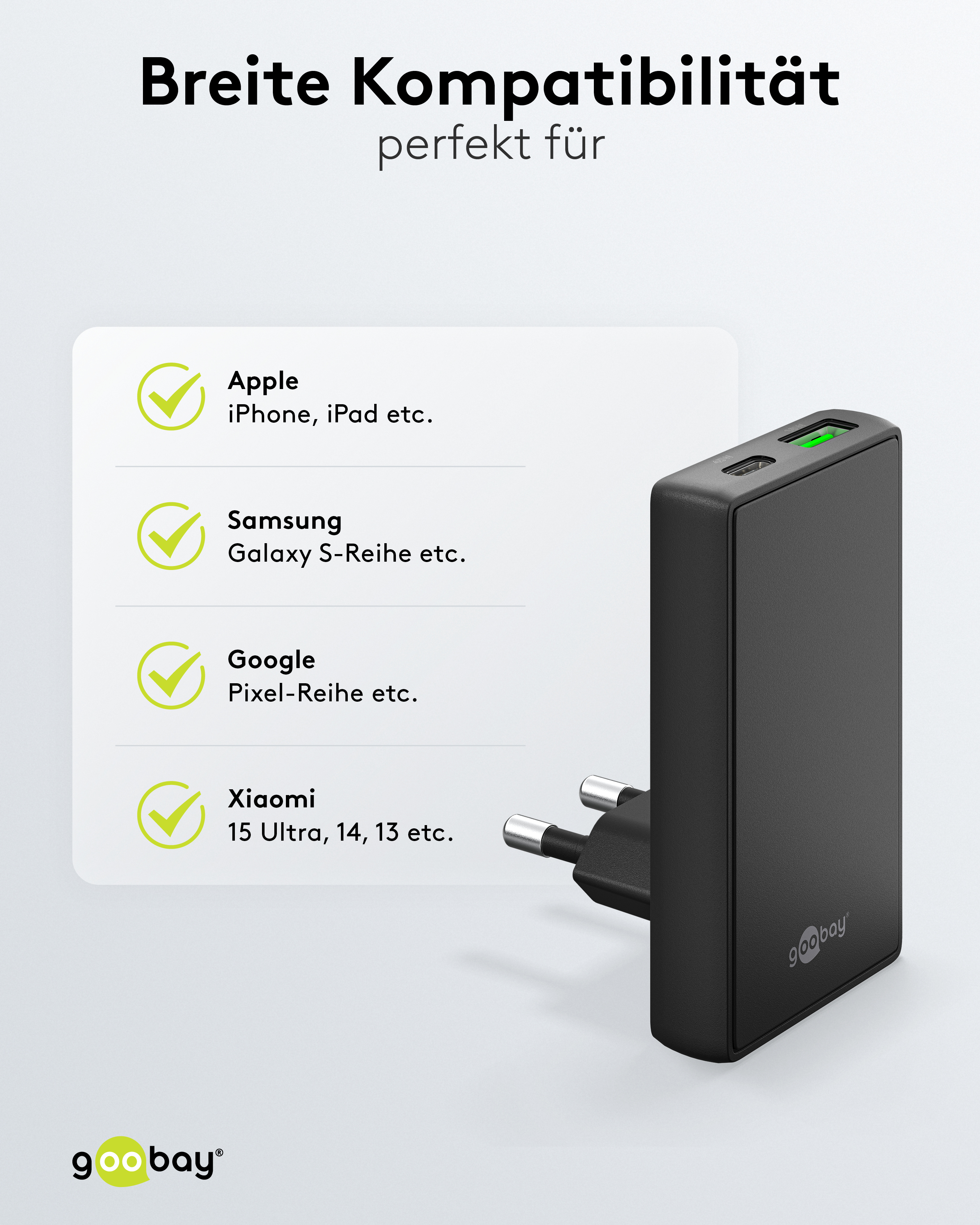 GOOBAY Dual-Schnellladegerät, 45W, 1x USB-C, 1x USB-A, 90° abgewickelt, flach, schwarz
