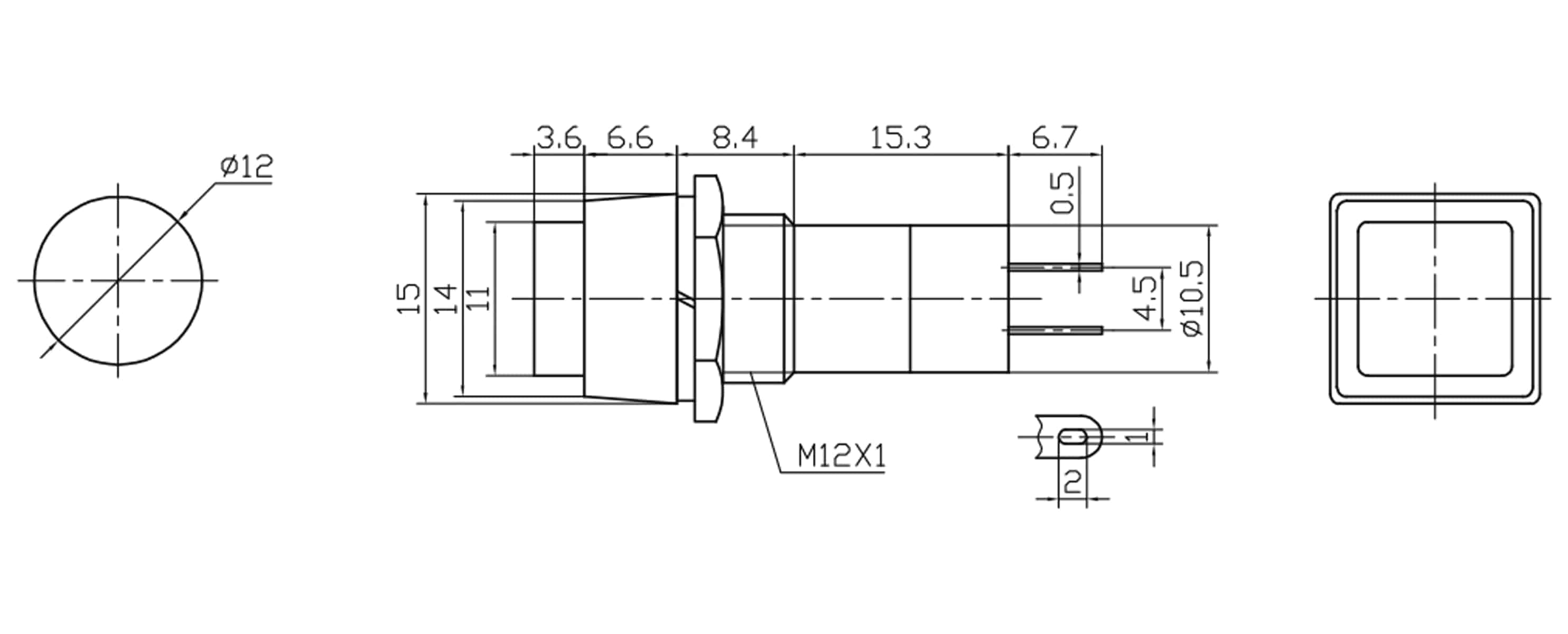 Einbau-Drucktaster PBS-12B, quadratisch, Schließer, schwarz
