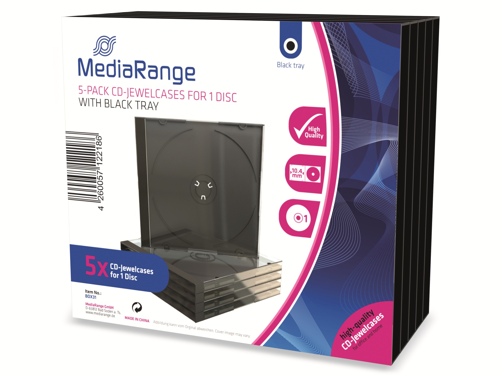 MEDIARANGE CD-Leerhüllen, Standard, 5er Pack, schwarz/transparent