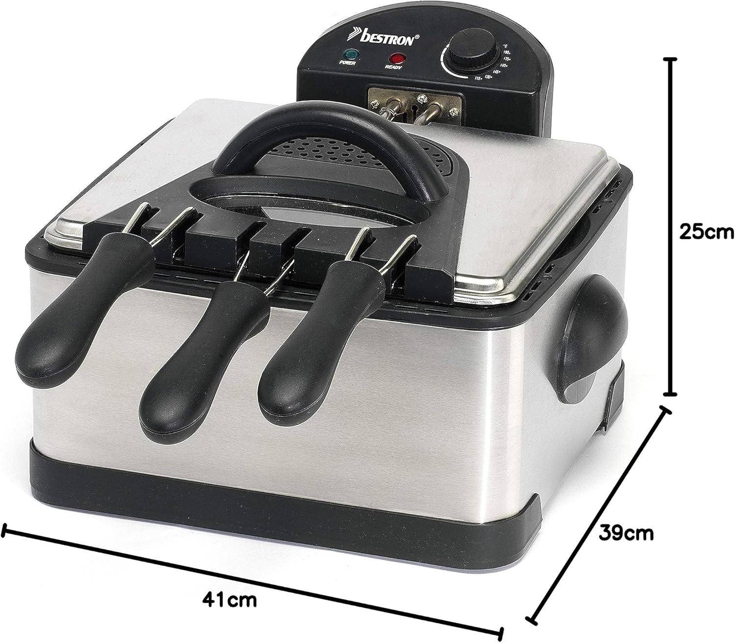 BESTRON Öl-Fritteuse XL DF402, 4,5 L, Cool Zone, 3 Körbe, 2000W, silber