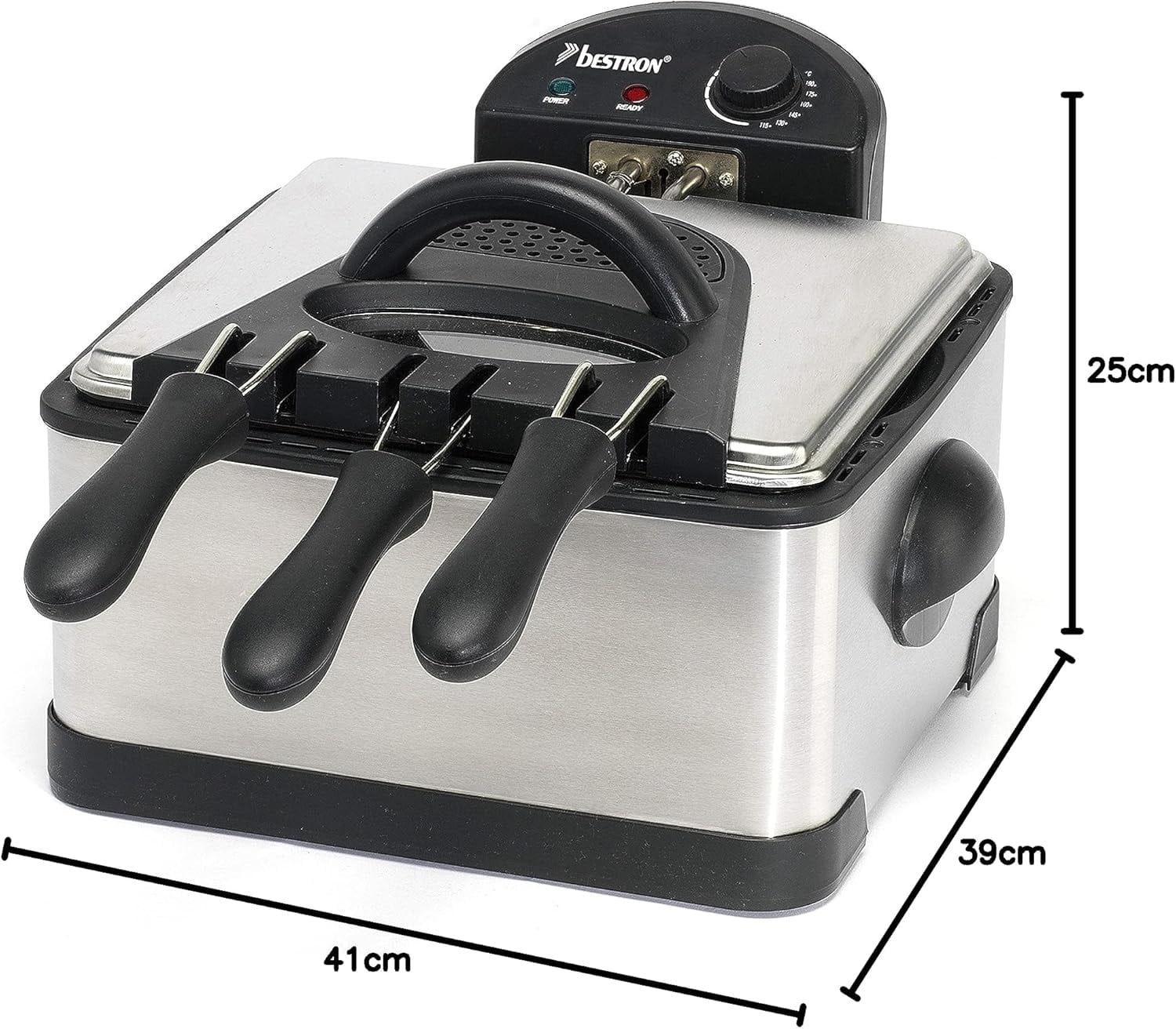 BESTRON Öl-Fritteuse XL DF402, 4,5 L, Cool Zone, 3 Körbe, 2000W, silber