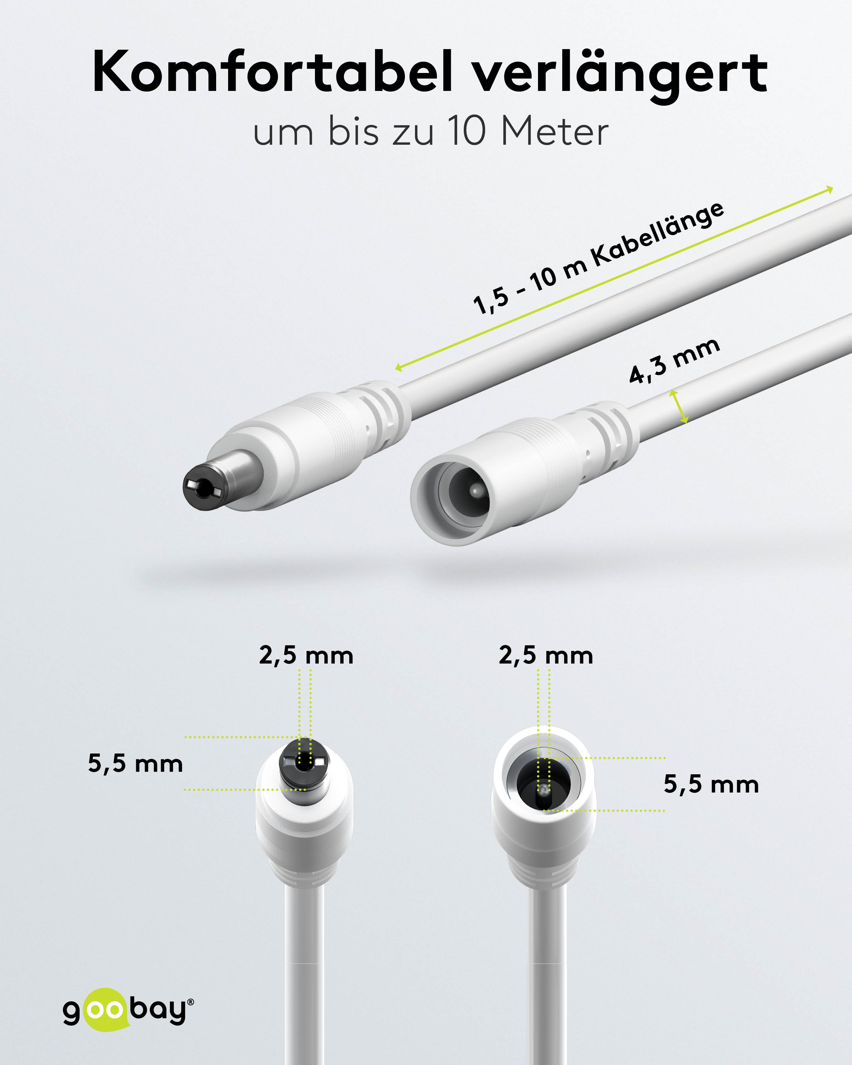 GOOBAY DC-Adapterkabel 2,5 mm, DC-Stecker auf DC-Kupplung, weiß, 3 m GOOBAY DC-Adapterkabel 2,5 mm, DC-Stecker auf DC-Kupplung, weiß, 3 m
