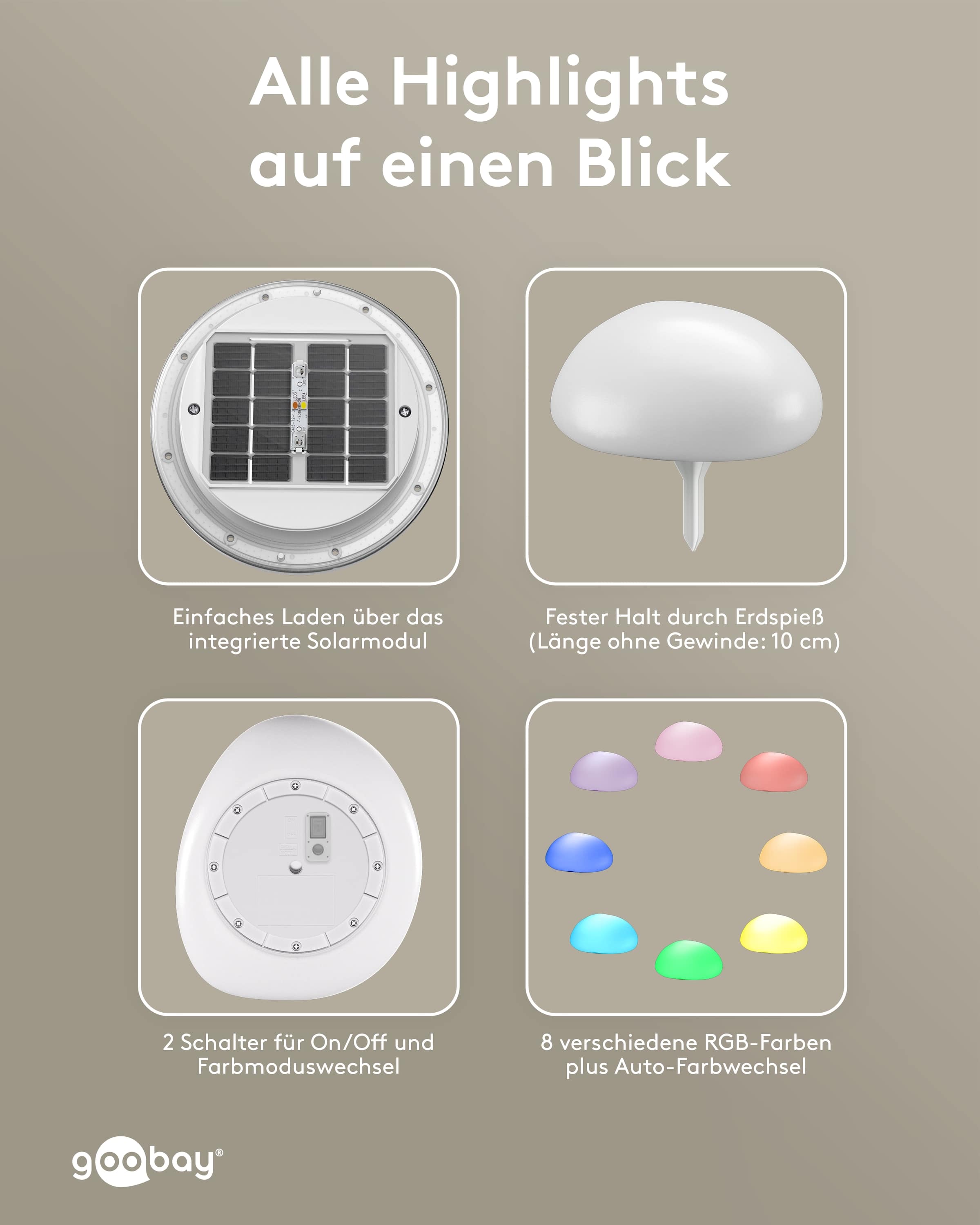 GOOBAY LED-Solar-Gartenleuchten, 24 cm, Stein, Größe M, RGBW, 2 Stück