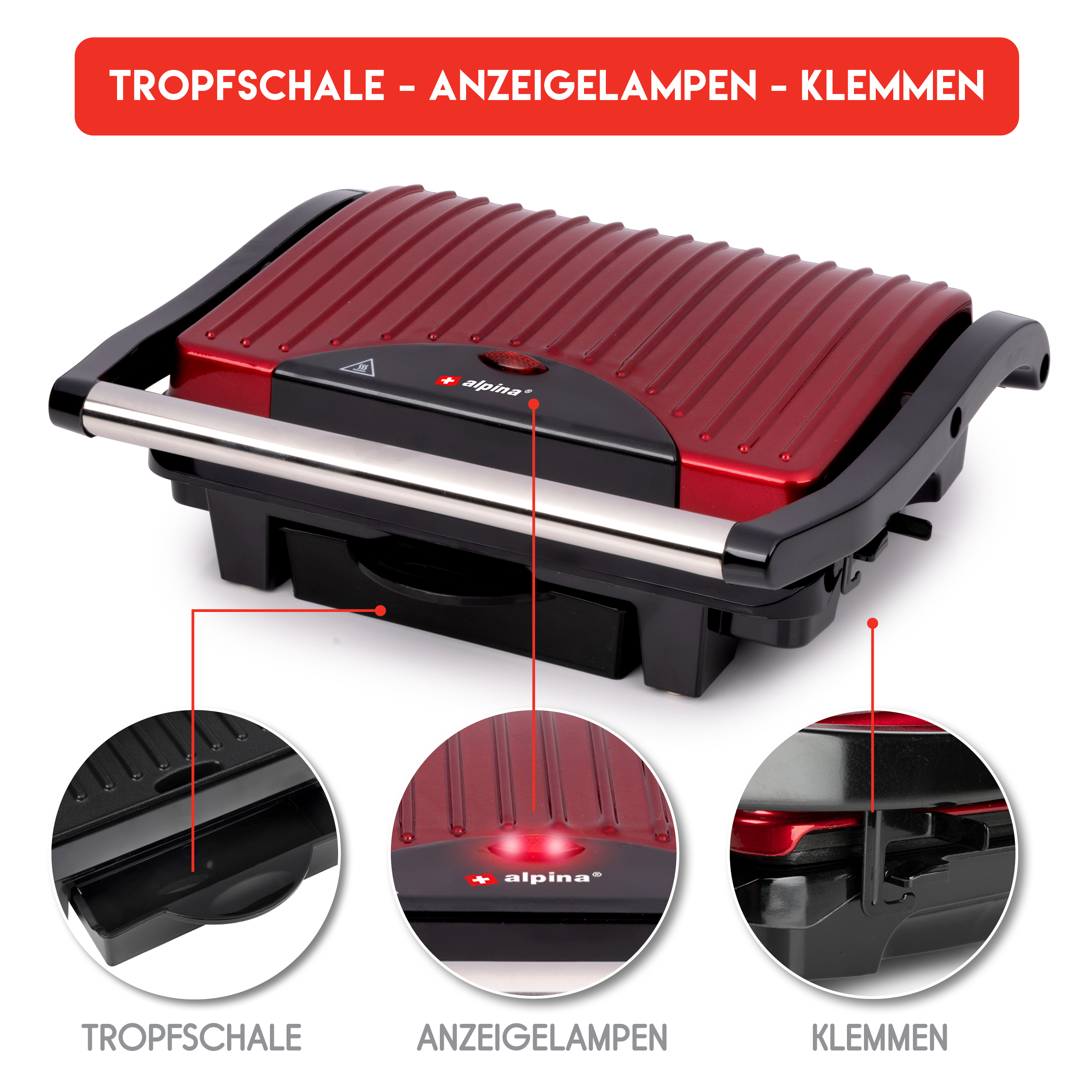 ALPINA Kontaktgrill, Multigrill, Panini, Sandwich, Fleisch, schwarz/rot, 1000W ALPINA Kontaktgrill, Multigrill, Panini, Sandwich, Fleisch, schwarz/rot, 1000W