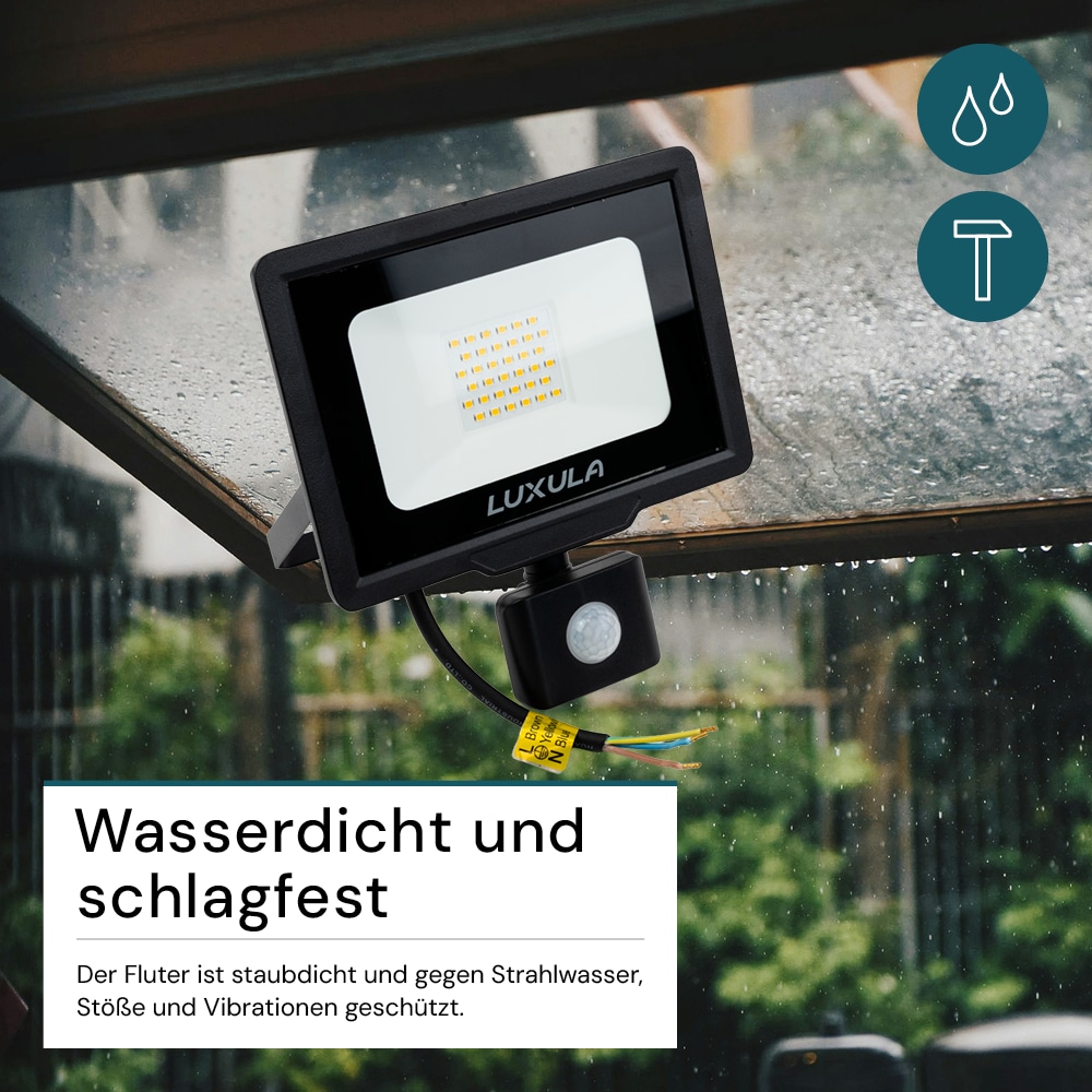 LUXULA LED-Fluter mit Bewegungsmelder, EEK: F, 30W, 3000lm, 4000K, schwarz